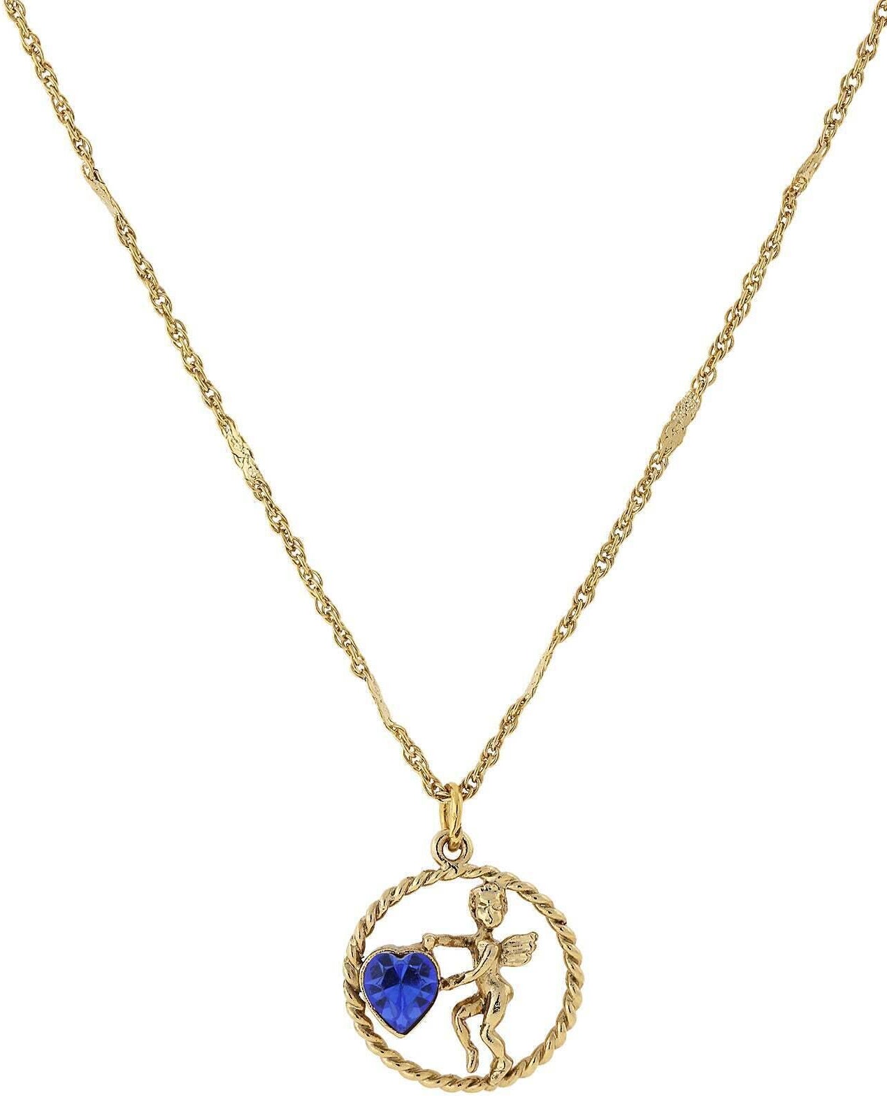 1928 Jewelry Winged Cherub Angel Crystal Heart Pendant Necklace 16" + 3" Extender