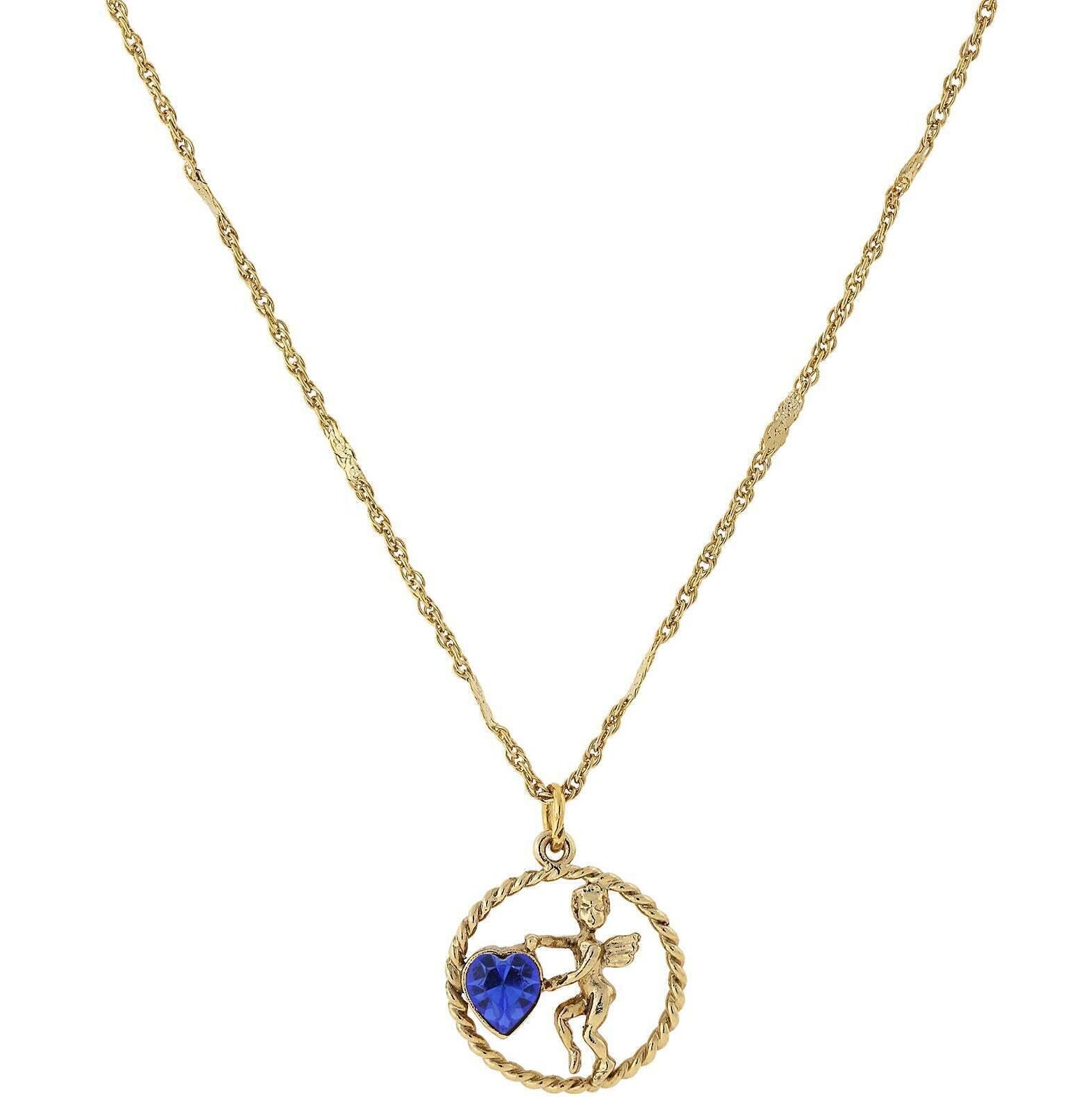 1928 Jewelry Winged Cherub Angel Crystal Heart Pendant Necklace 16" + 3" Extender