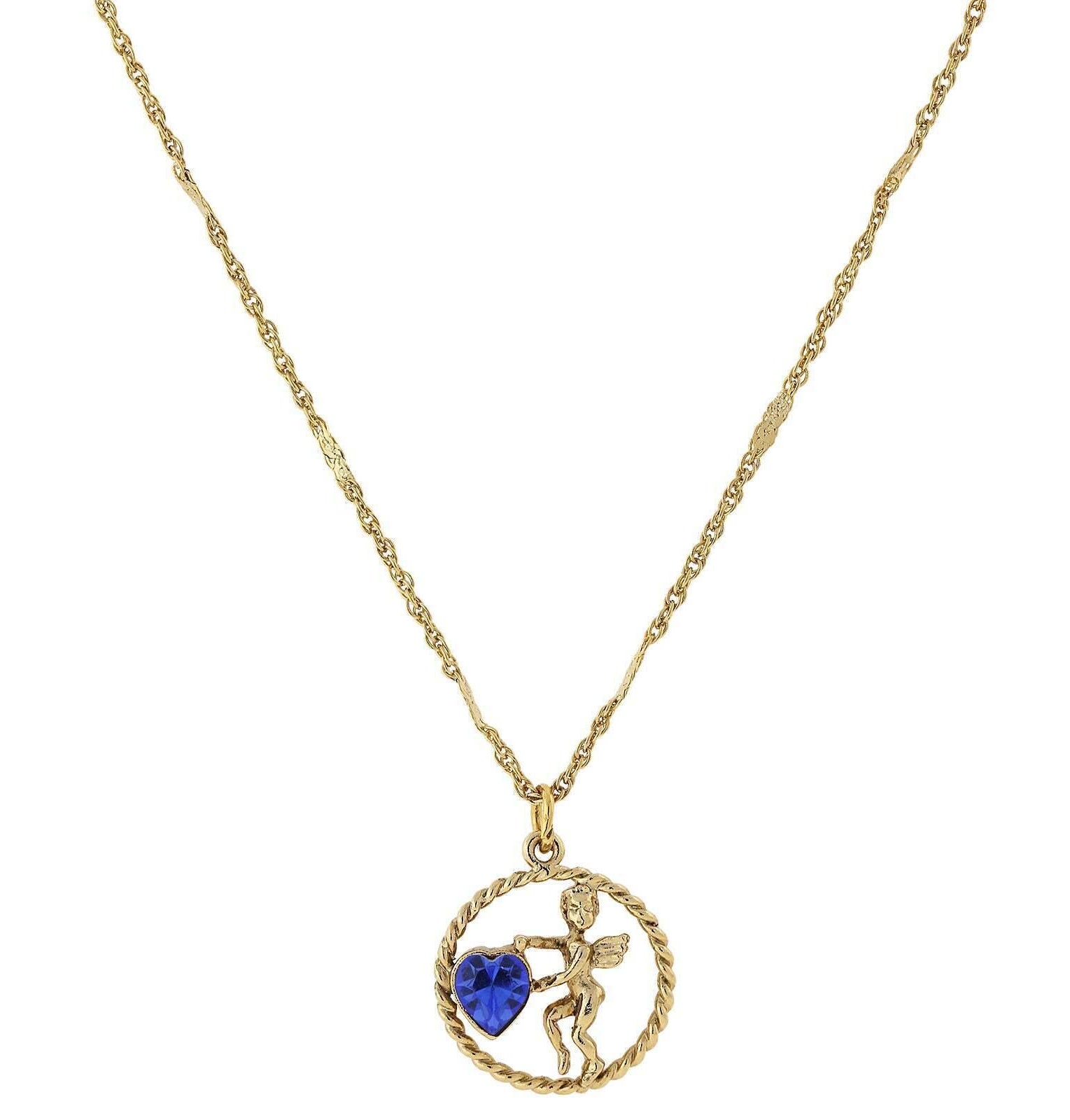 1928 Jewelry Winged Cherub Angel Crystal Heart Pendant Necklace 16" + 3" Extender