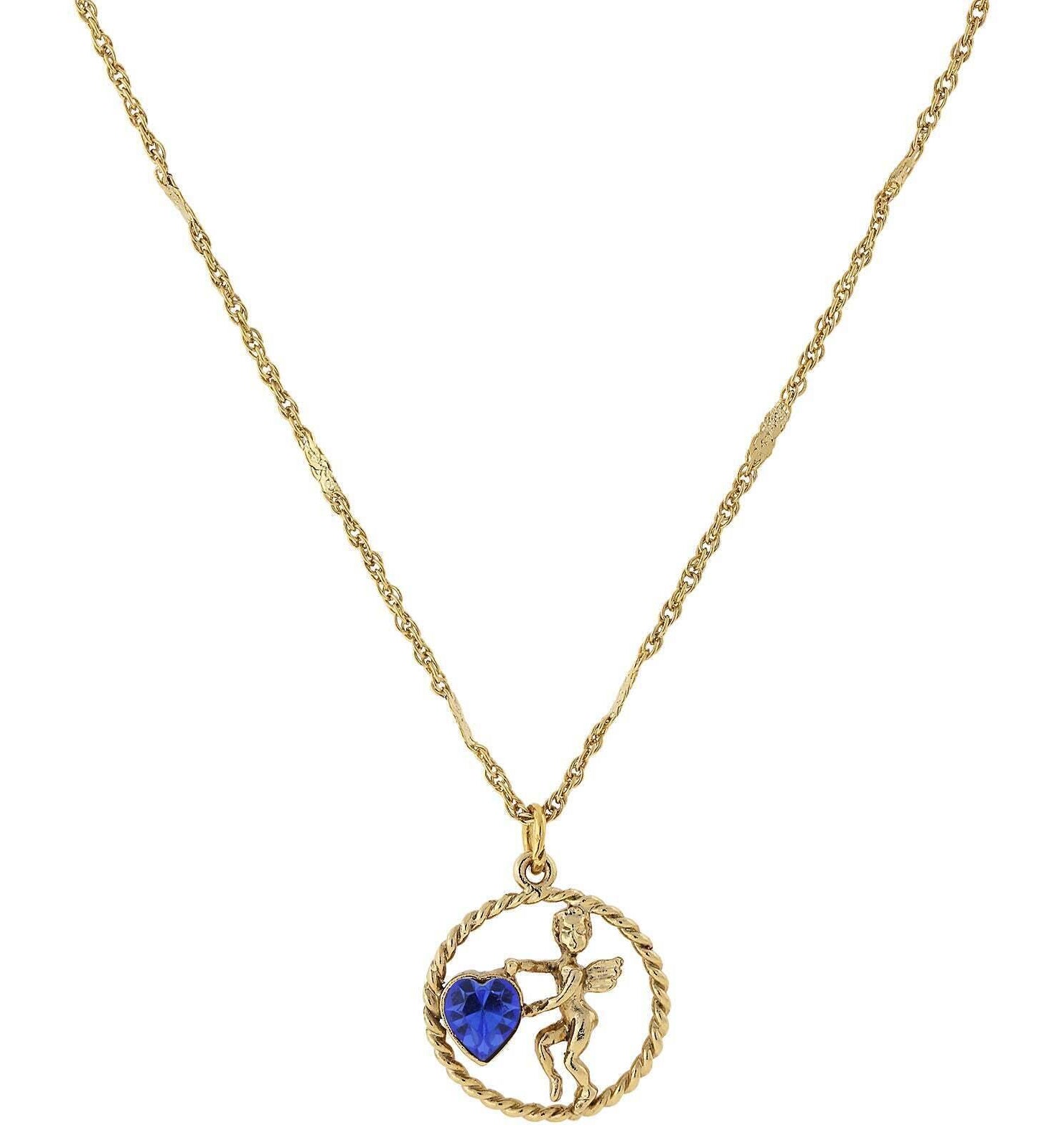 1928 Jewelry Winged Cherub Angel Crystal Heart Pendant Necklace 16" + 3" Extender