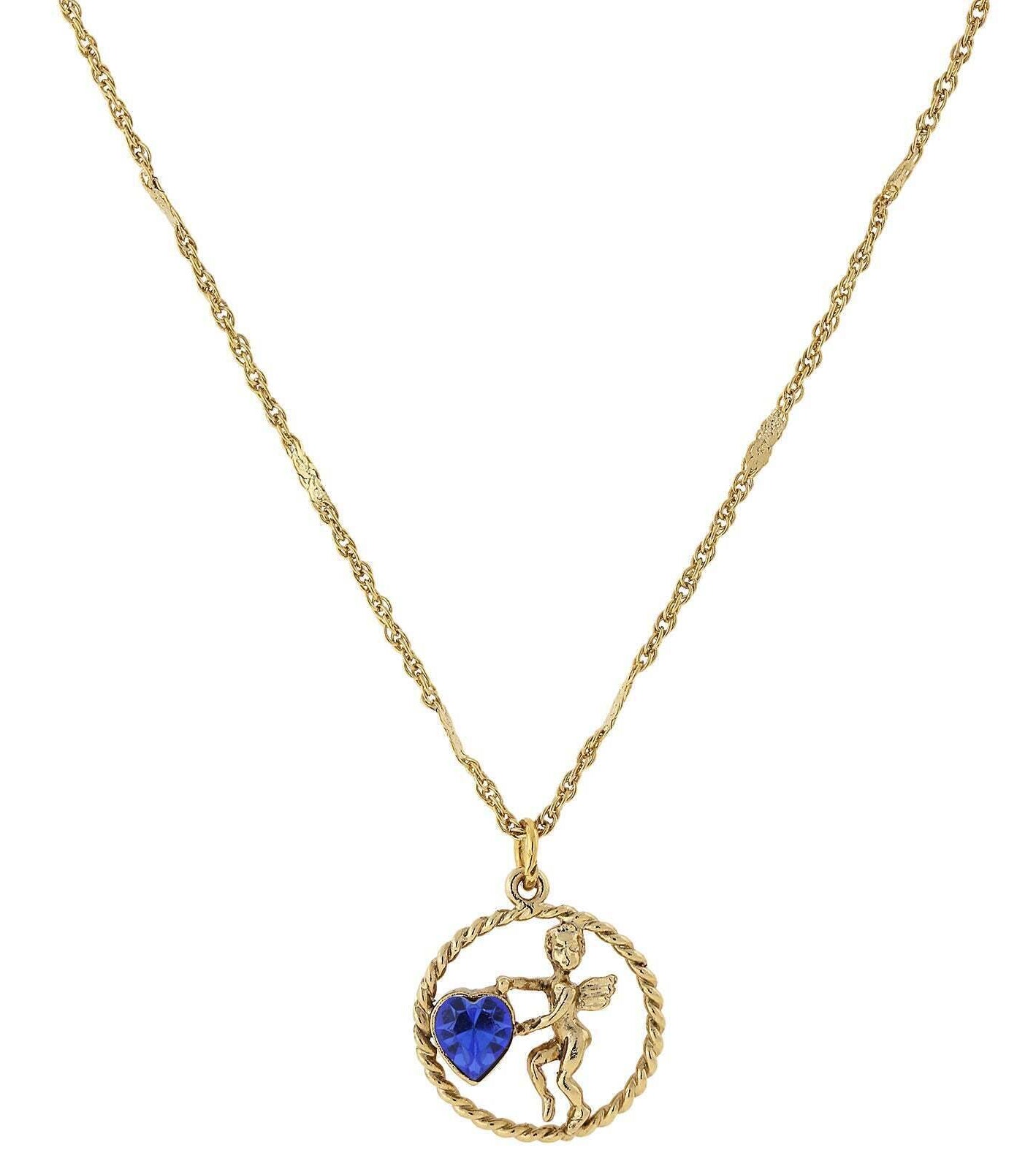 1928 Jewelry Winged Cherub Angel Crystal Heart Pendant Necklace 16" + 3" Extender