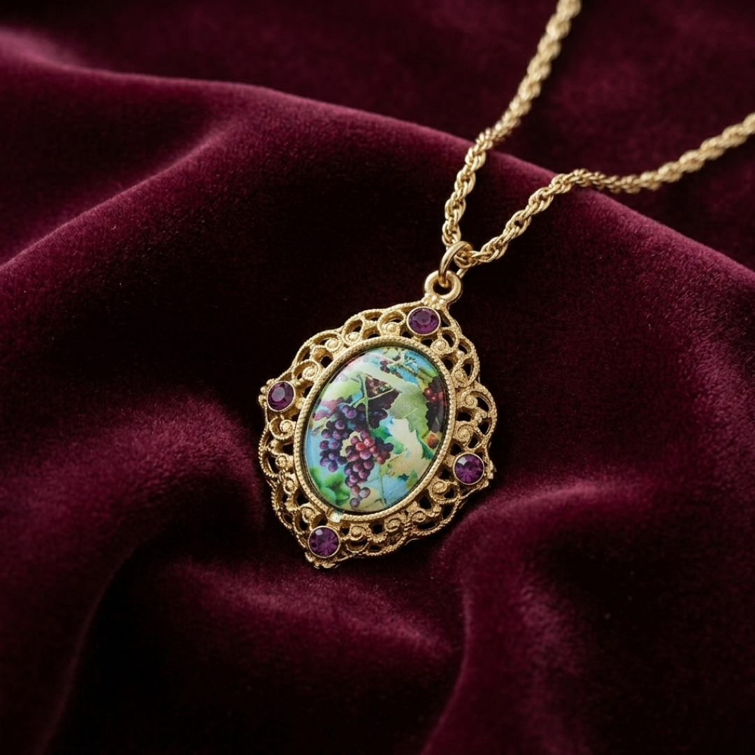 Decorative necklace with a wine grape pendant on a burgundy fabric background