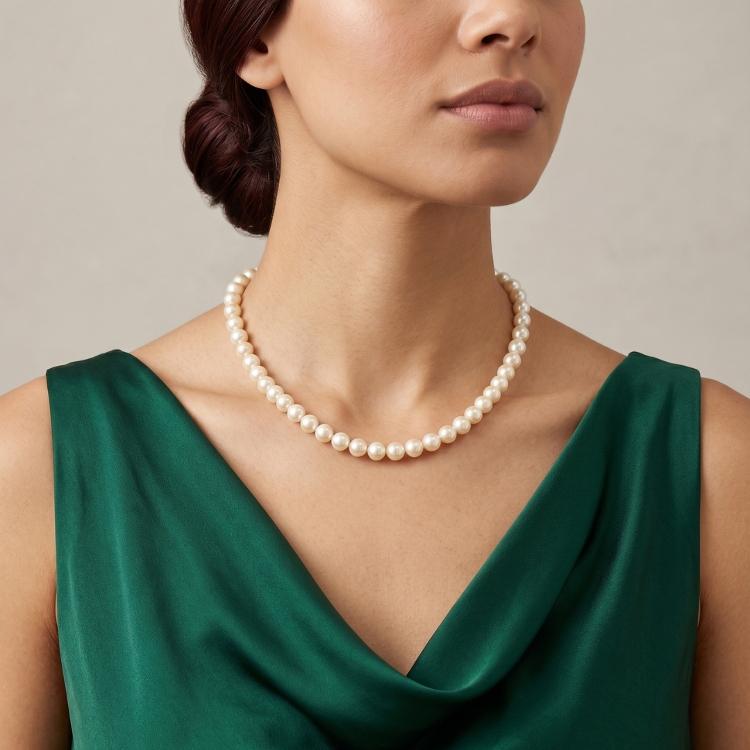 Woman wearing a pearl necklace with a green dress on a neutral background