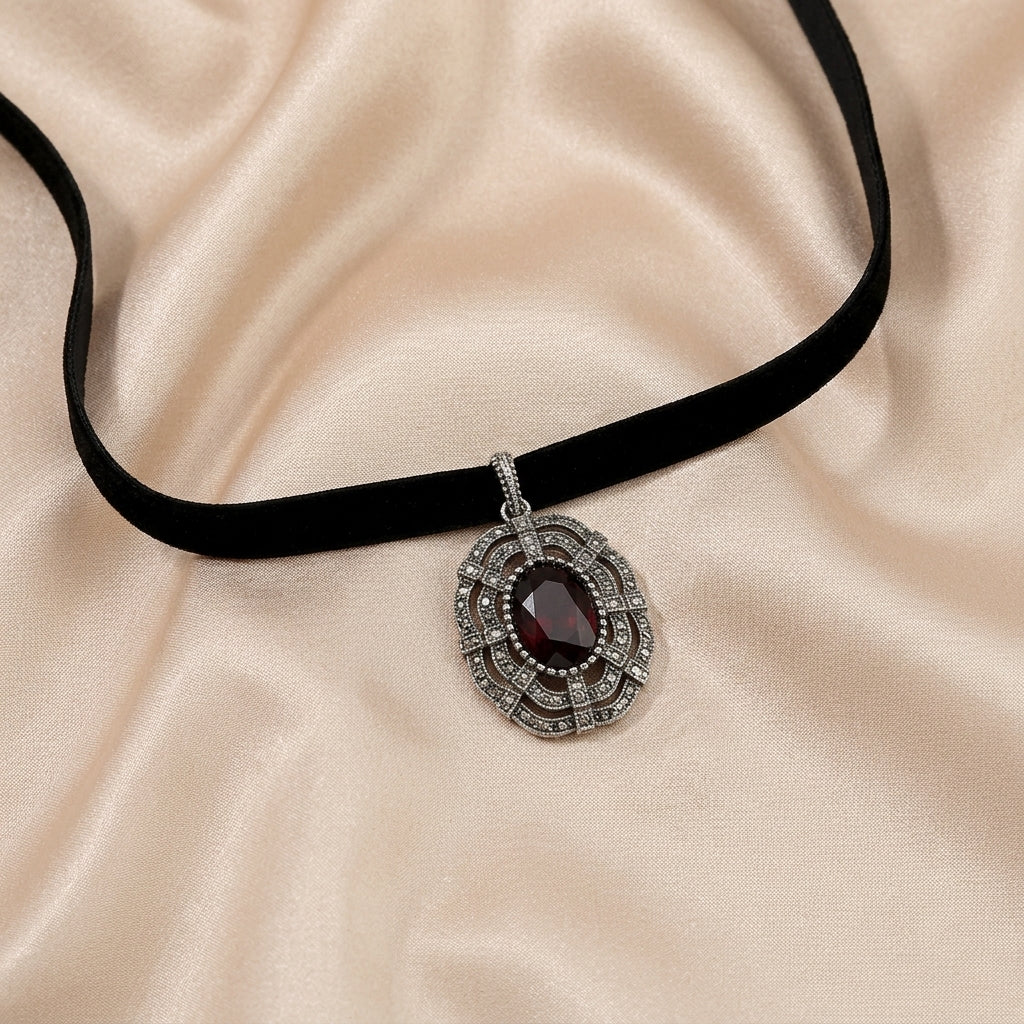 Amethyst Stone Black Velvet Choker Necklace 12" + 5" Extension resting on beige satin fabric