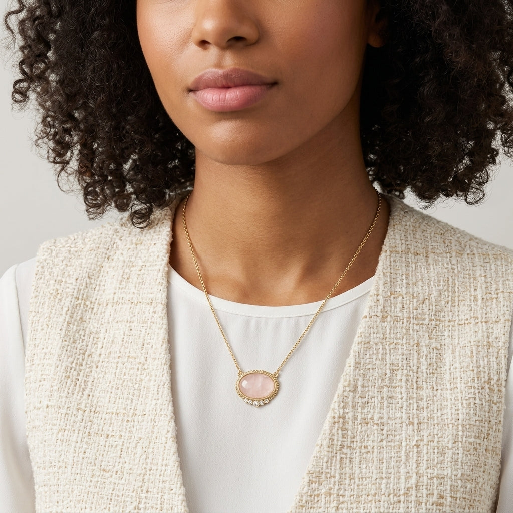 Woman in a light colored blazer wearing a Pink Moonstone Crystal Accent Pendant Necklace