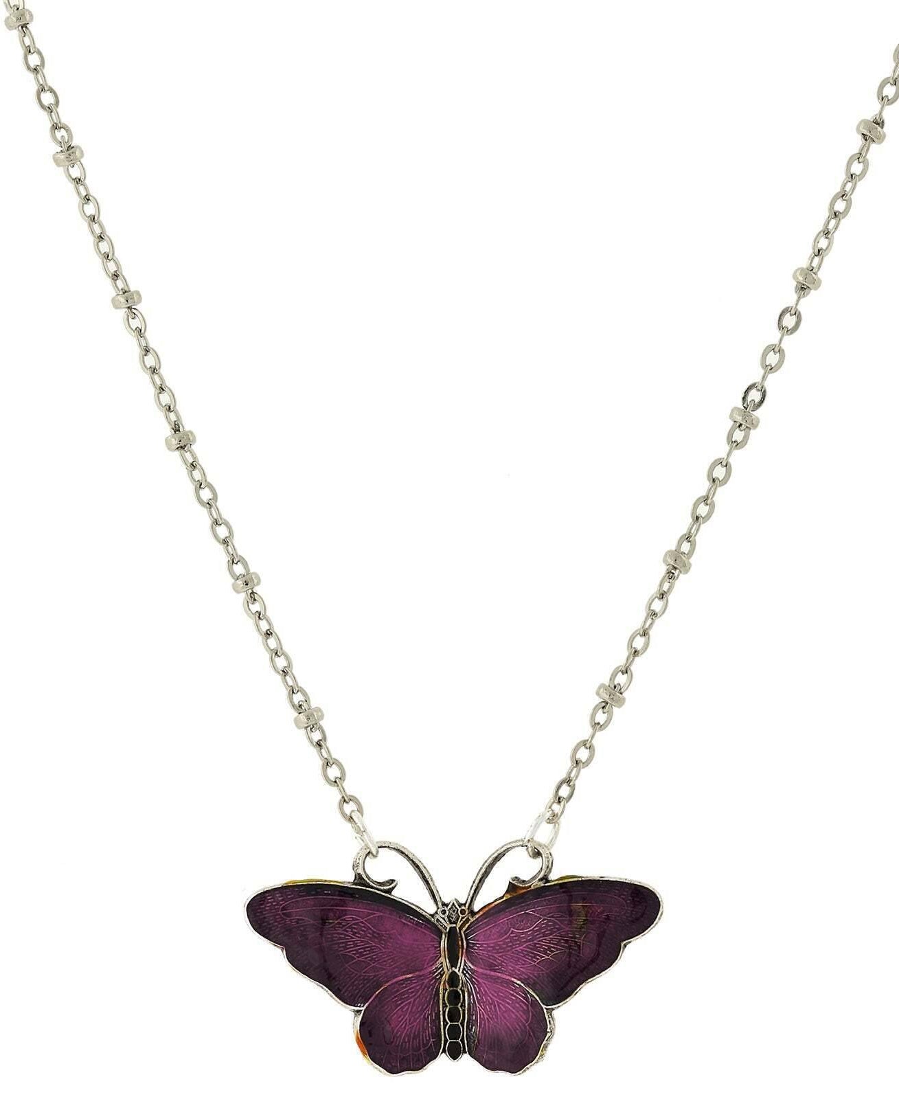 1928 Jewelry Butterfly's Dance Enamel Pendant Necklace 16" + 3" Extender