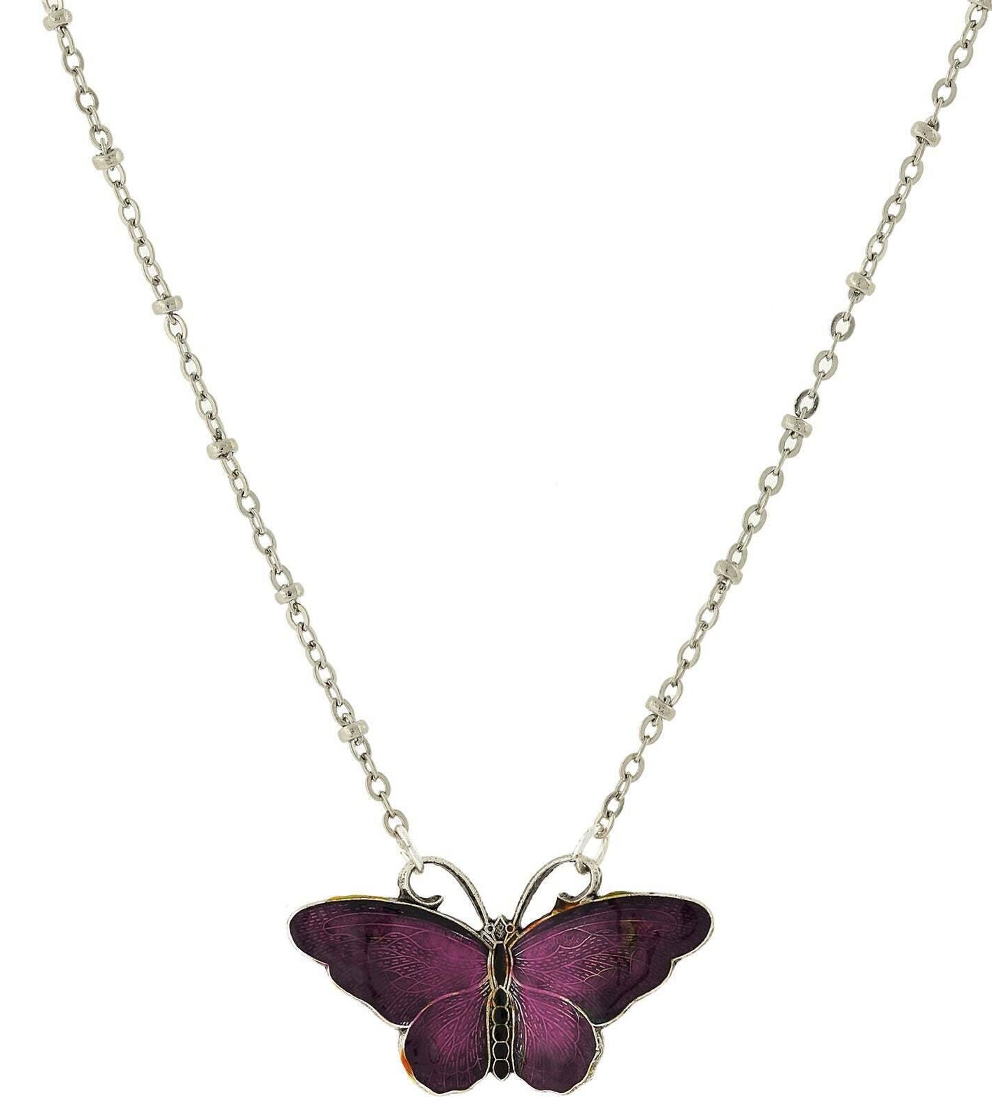 1928 Jewelry Butterfly's Dance Enamel Pendant Necklace 16" + 3" Extender