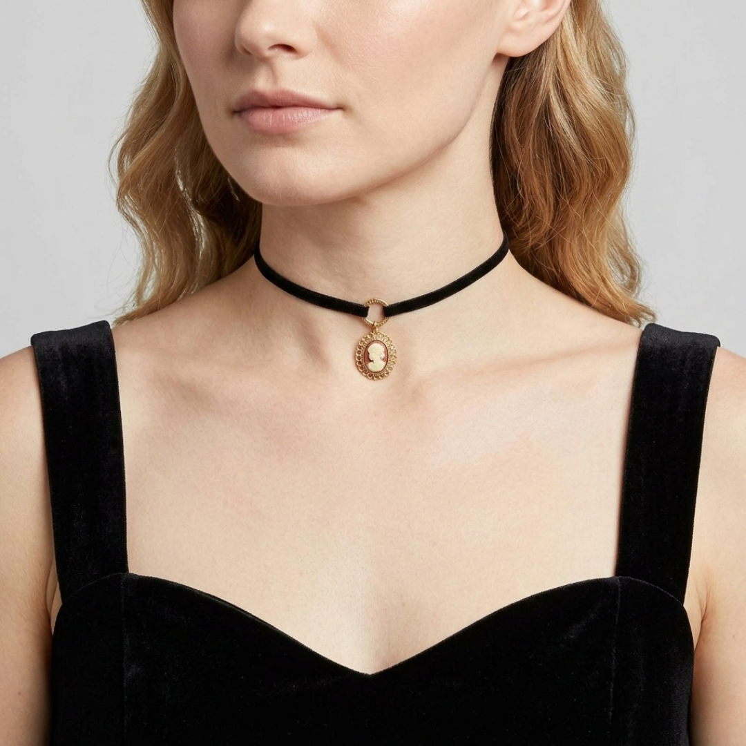 Woman wearing a black choker necklace with a red cameo pendant on a plain background