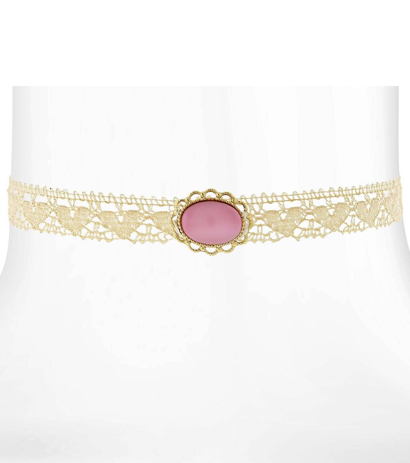 1928 Jewelry Ivory Heart Lace Choker With Moonstone Necklace 12" + 5" Extender