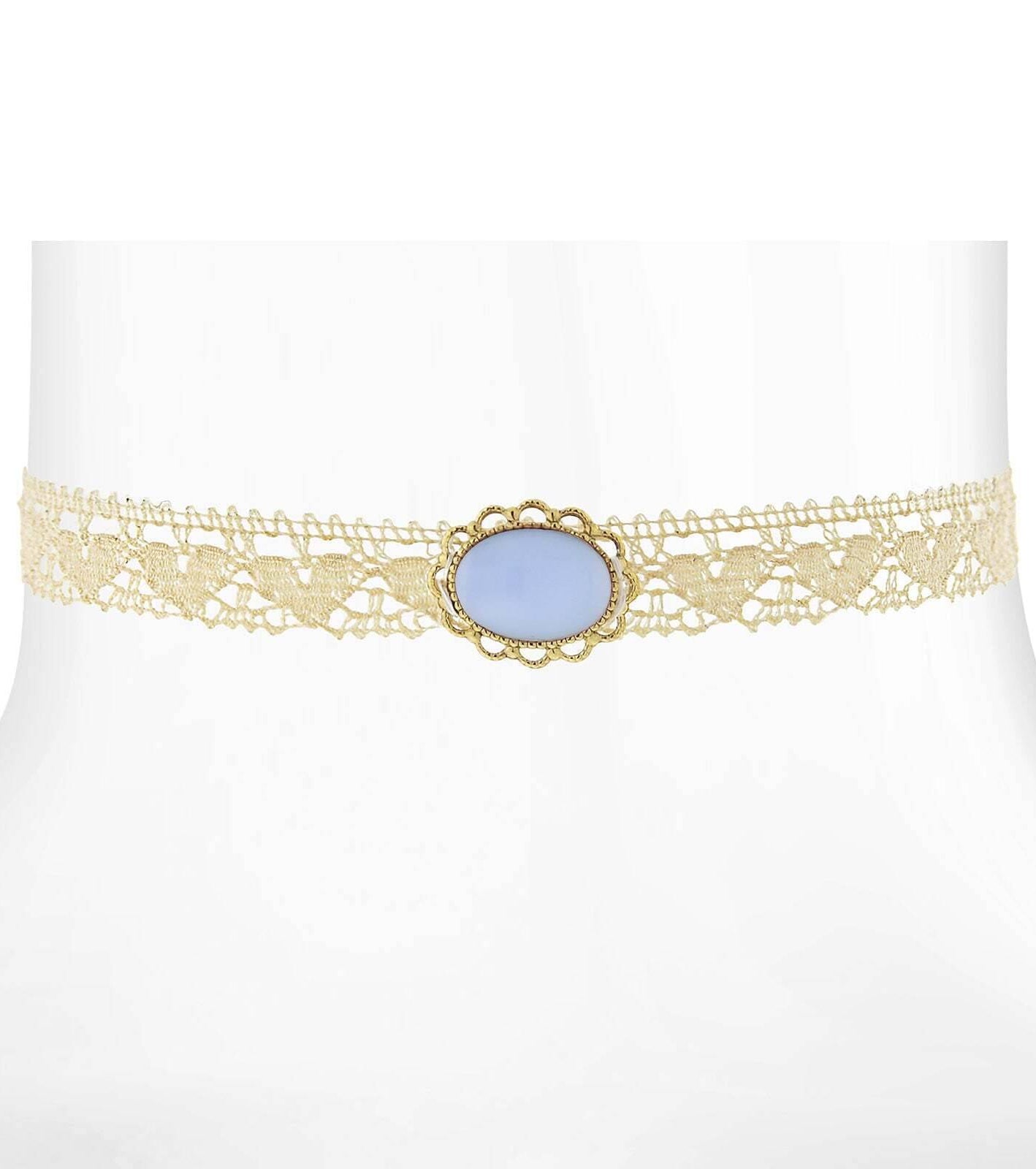 1928 Jewelry Ivory Heart Lace Choker With Moonstone Necklace 12" + 5" Extender