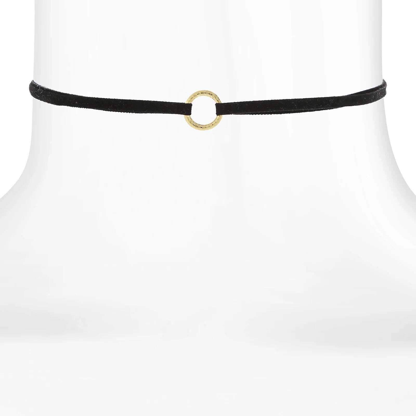 1928 Jewelry Round Ring Slim Black Suede Choker Necklace 12" + 5" Extender