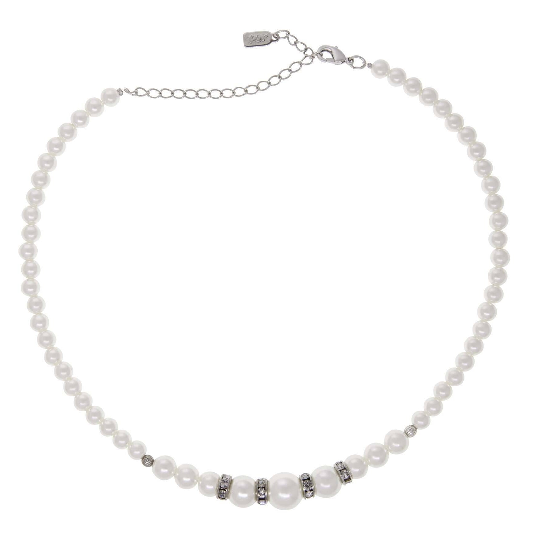 1928 Jewelry Graduated Faux Pearl Strand & Crystal Necklace 15" + 3" Extension