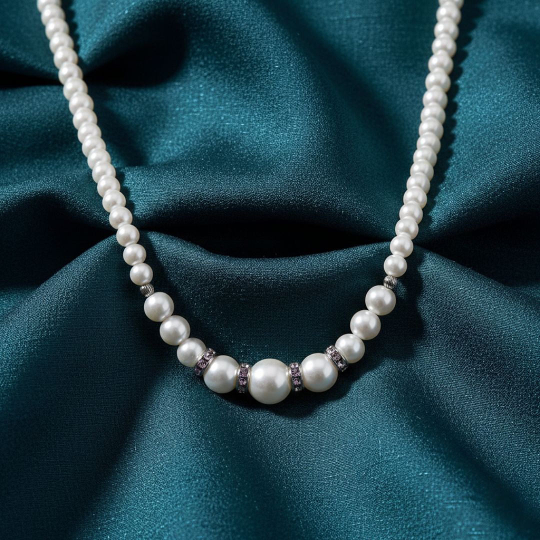 Faux pearl necklace on a teal fabric background