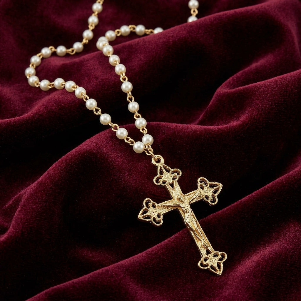 Faux Pearl Chain Gold Crucifix Cross Pendant Necklace against a burgundy fabric background