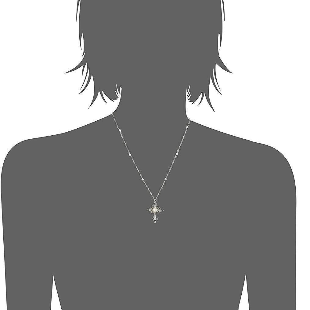 1928 Jewelry Filigree Cross With Faux Pearl Crystal Accent Pendant Necklace 16" + 3" Extender