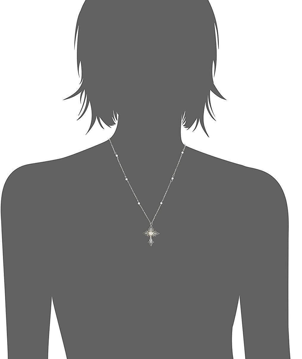 1928 Jewelry Filigree Cross With Faux Pearl Crystal Accent Pendant Necklace 16" + 3" Extender