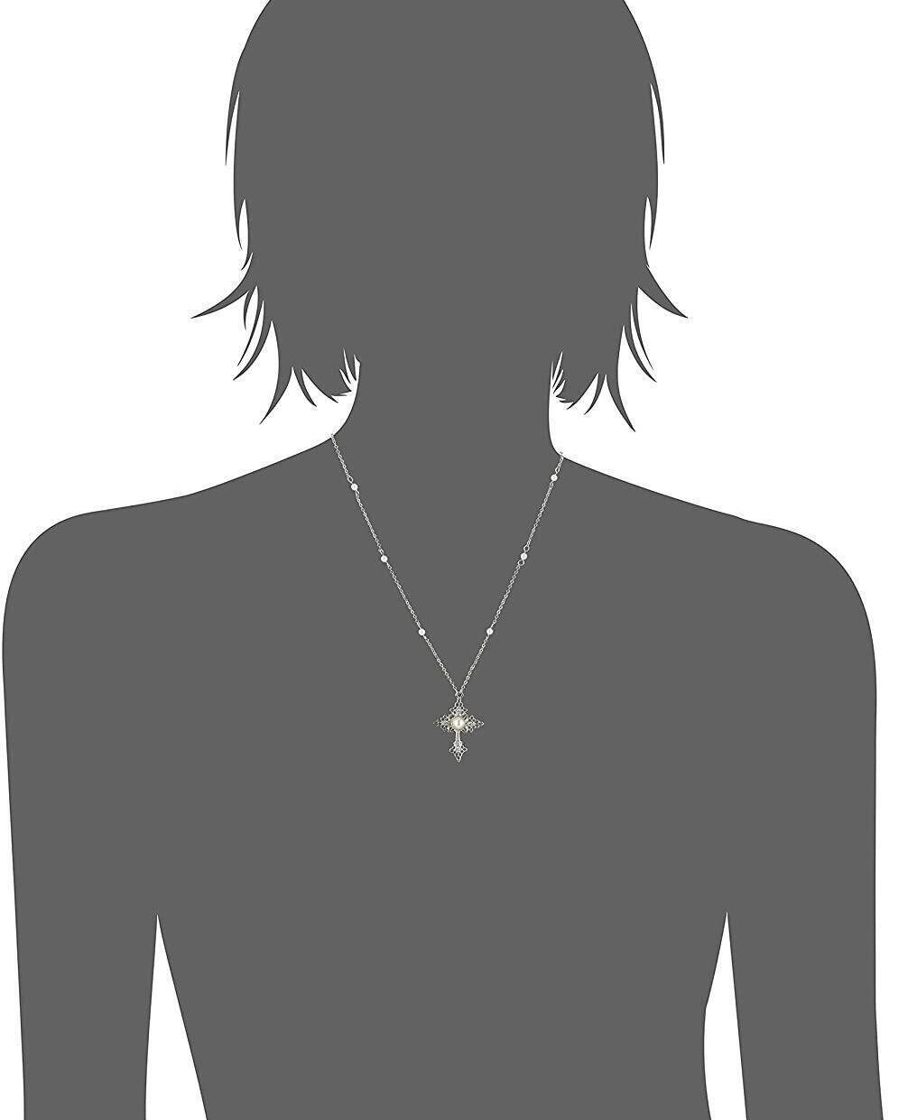 1928 Jewelry Filigree Cross With Faux Pearl Crystal Accent Pendant Necklace 16" + 3" Extender