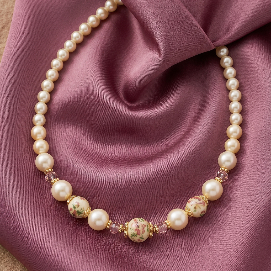 Pearl necklace with floral beads on a purple fabric background