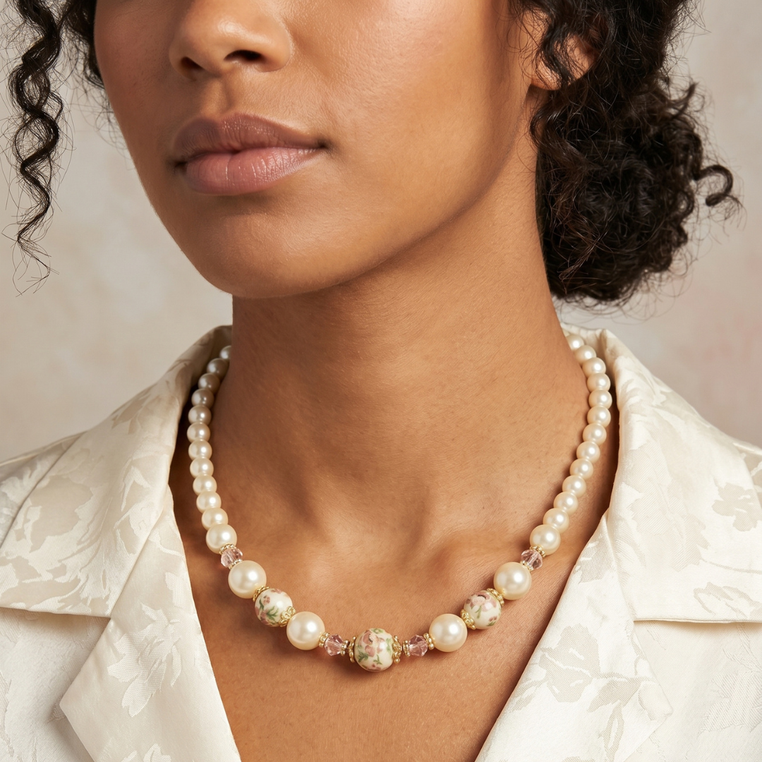 Woman wearing a pearl necklace that hsd a floral design with a neutral background