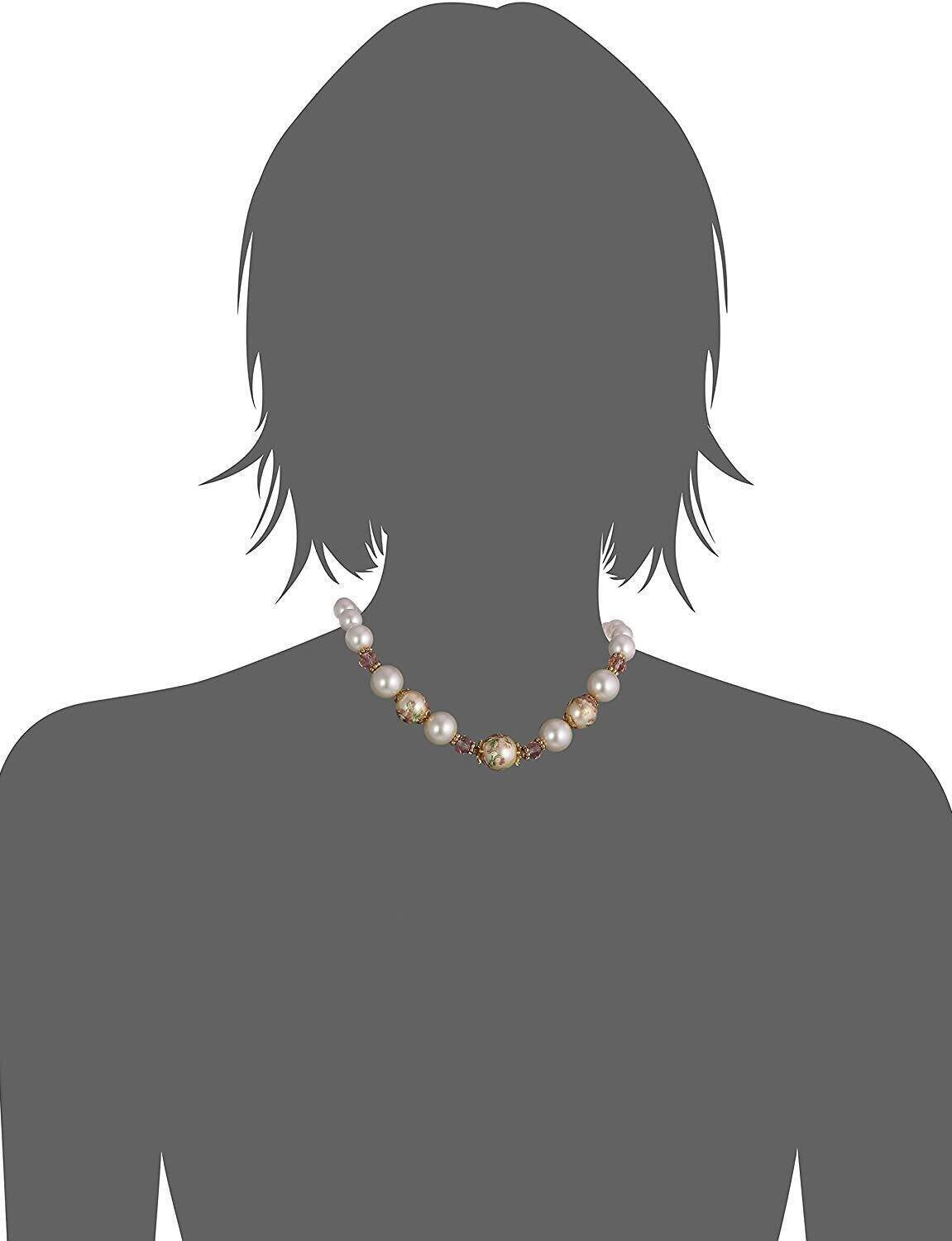 1928 Jewelry Flower Decal Faux Pearl Strand Necklace 16" + 3" Extender