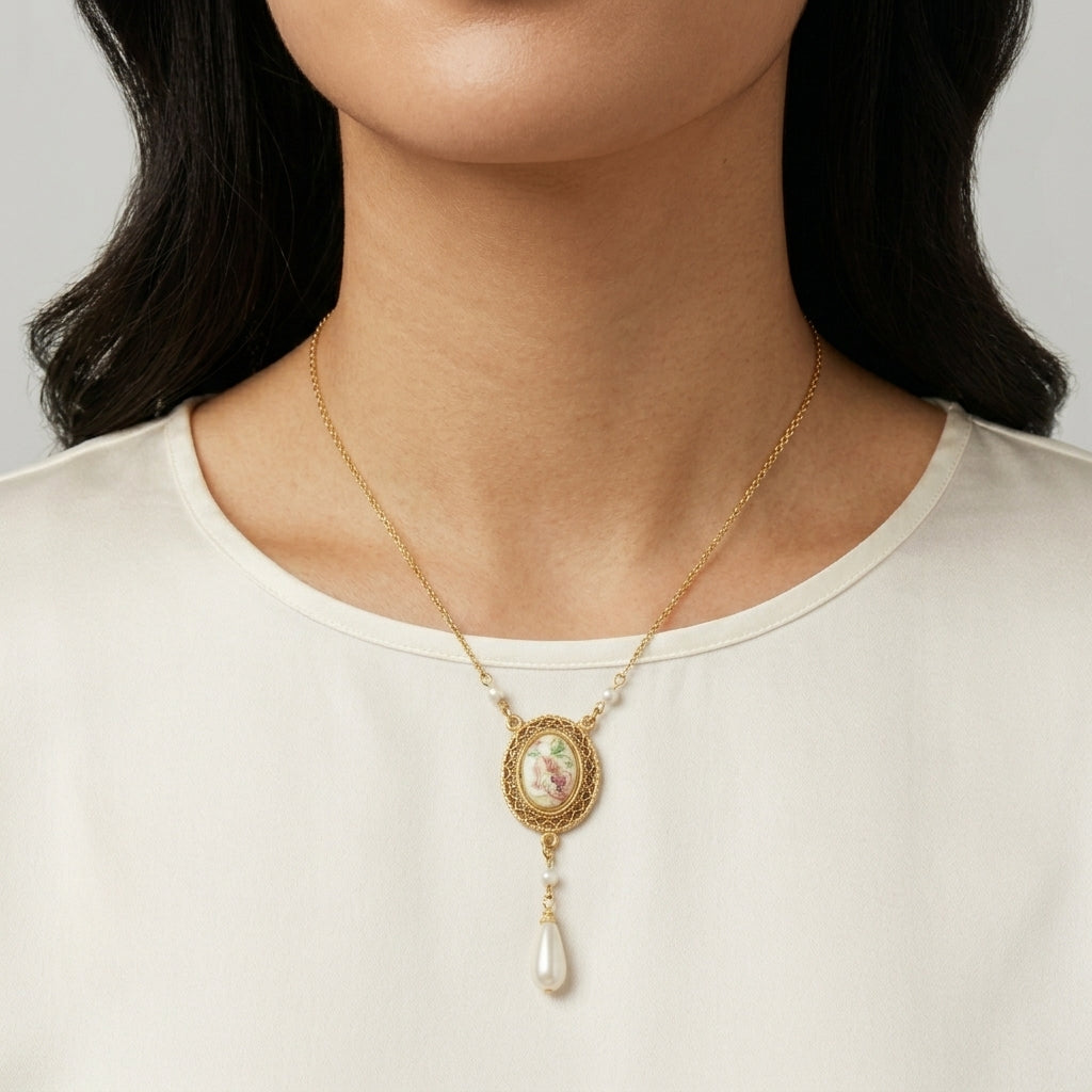 Oval Flower Decal Faux Pearl Teardrop Pendant Necklace worn by a person on a plain background