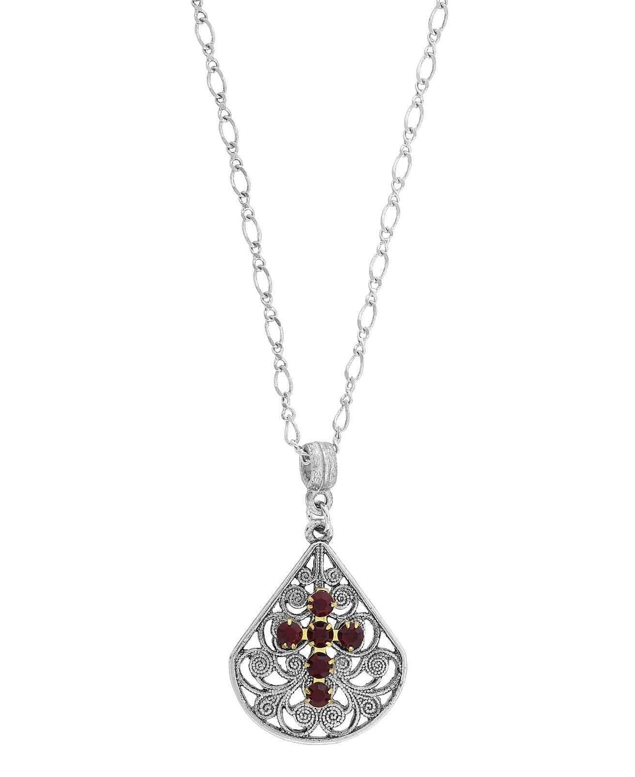 1928 Jewelry Crystal Cross Fan Filigree Teardrop Pendant Necklace 16" + 3" Extender