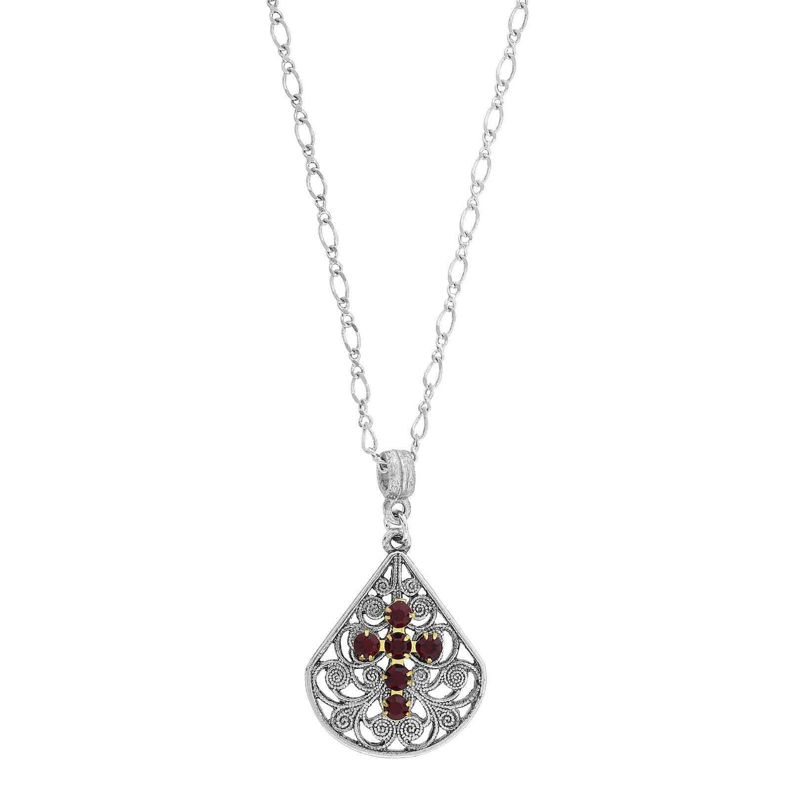 1928 Jewelry Crystal Cross Fan Filigree Teardrop Pendant Necklace 16" + 3" Extender