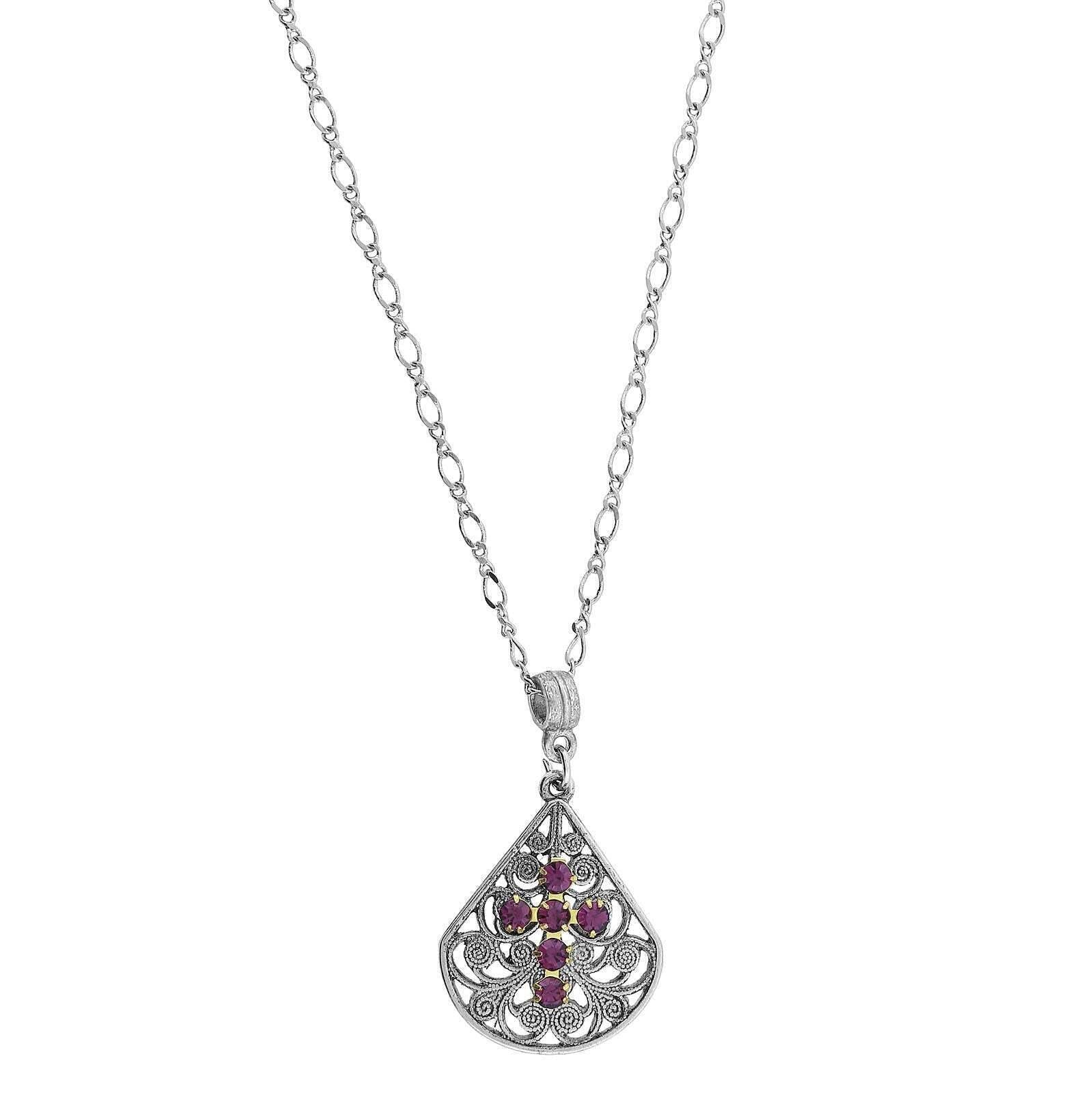1928 Jewelry Crystal Cross Fan Filigree Teardrop Pendant Necklace 16" + 3" Extender