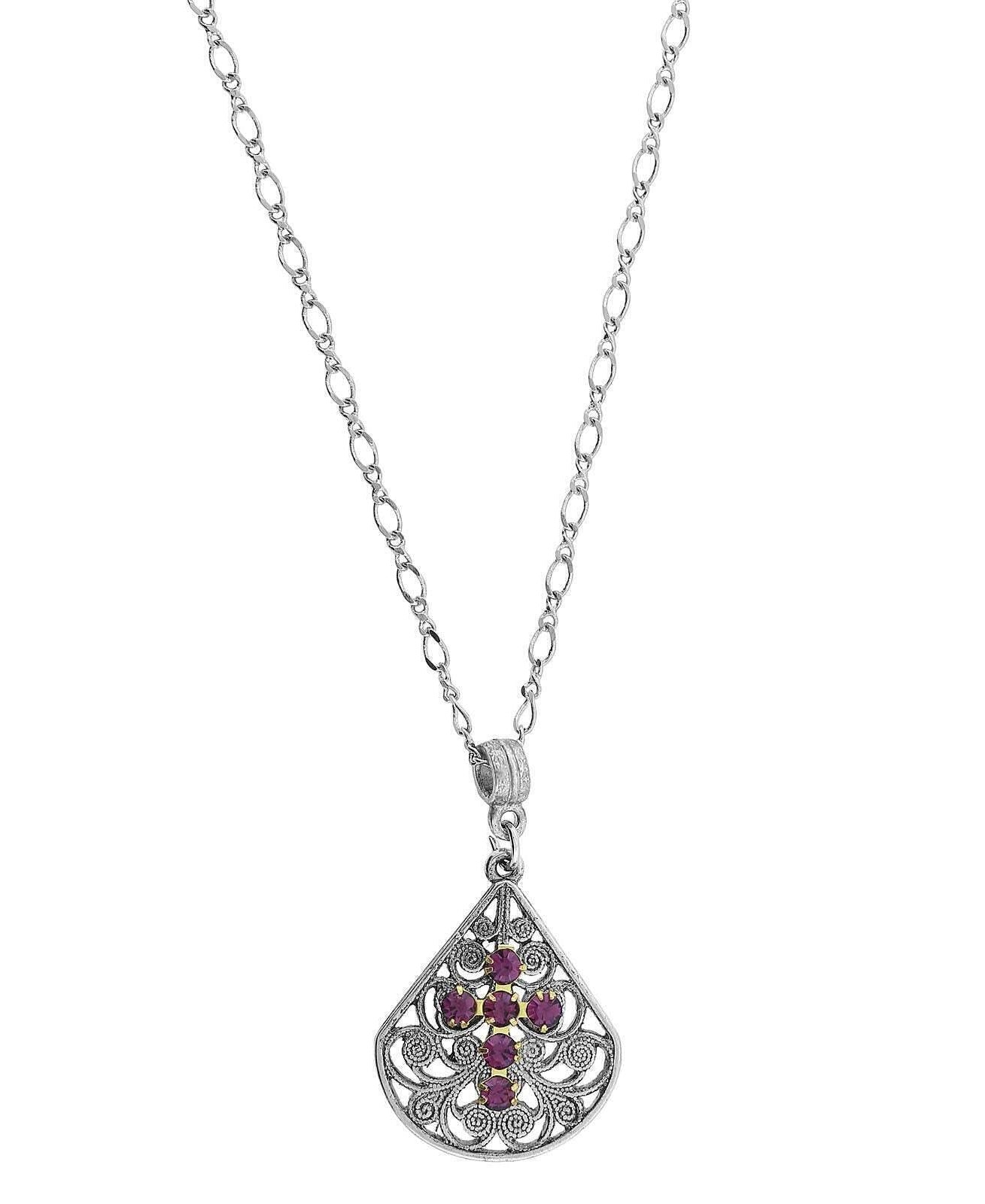 1928 Jewelry Crystal Cross Fan Filigree Teardrop Pendant Necklace 16" + 3" Extender