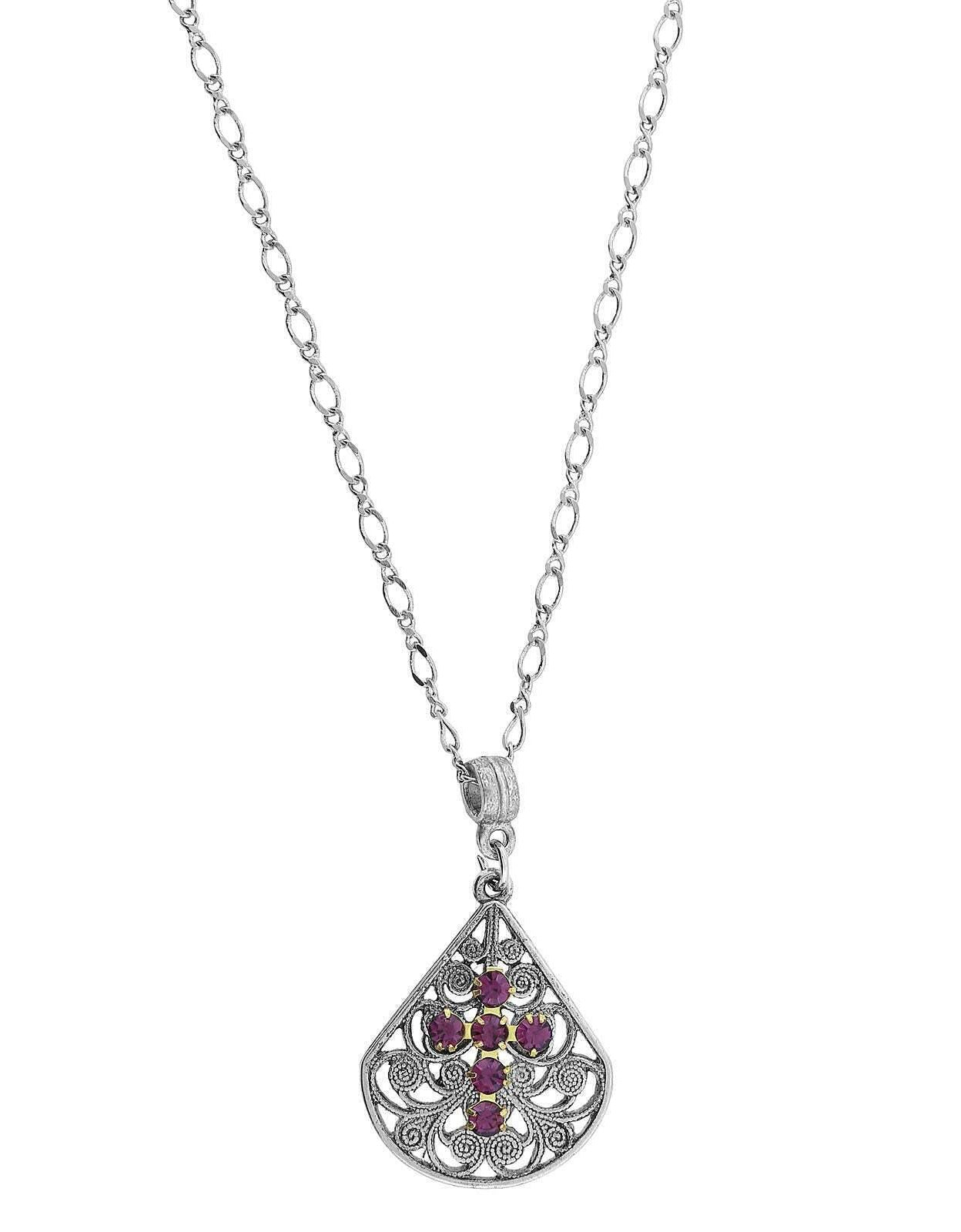 1928 Jewelry Crystal Cross Fan Filigree Teardrop Pendant Necklace 16" + 3" Extender