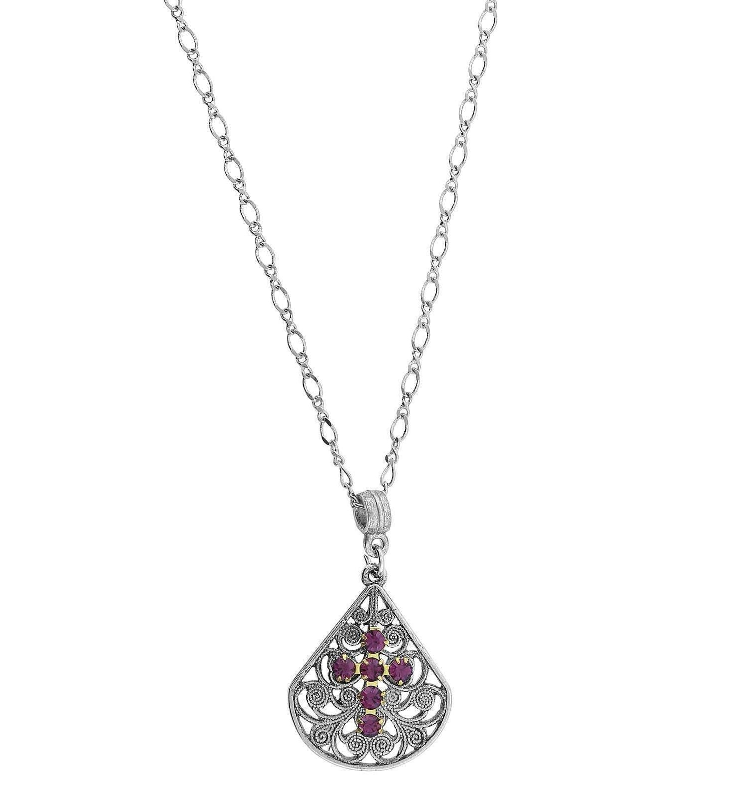 1928 Jewelry Crystal Cross Fan Filigree Teardrop Pendant Necklace 16" + 3" Extender