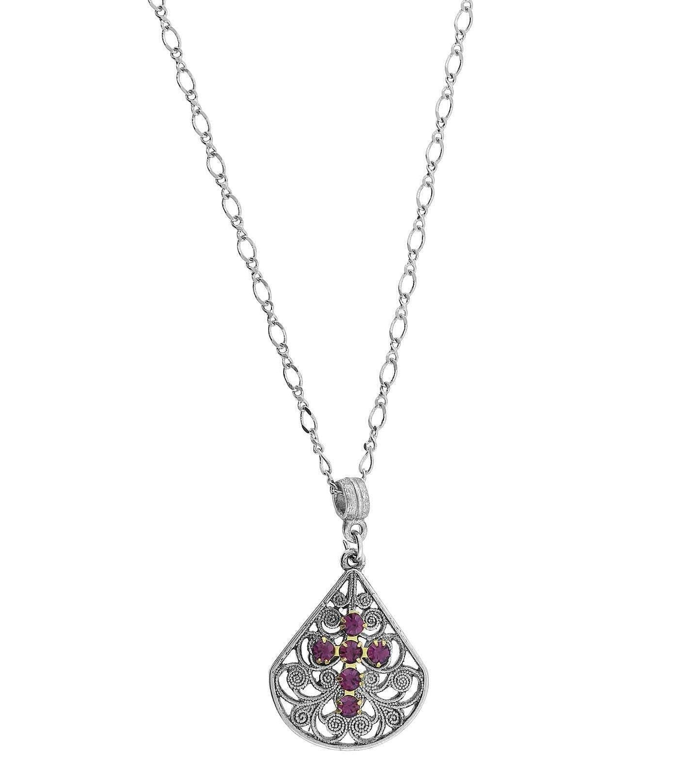 1928 Jewelry Crystal Cross Fan Filigree Teardrop Pendant Necklace 16" + 3" Extender