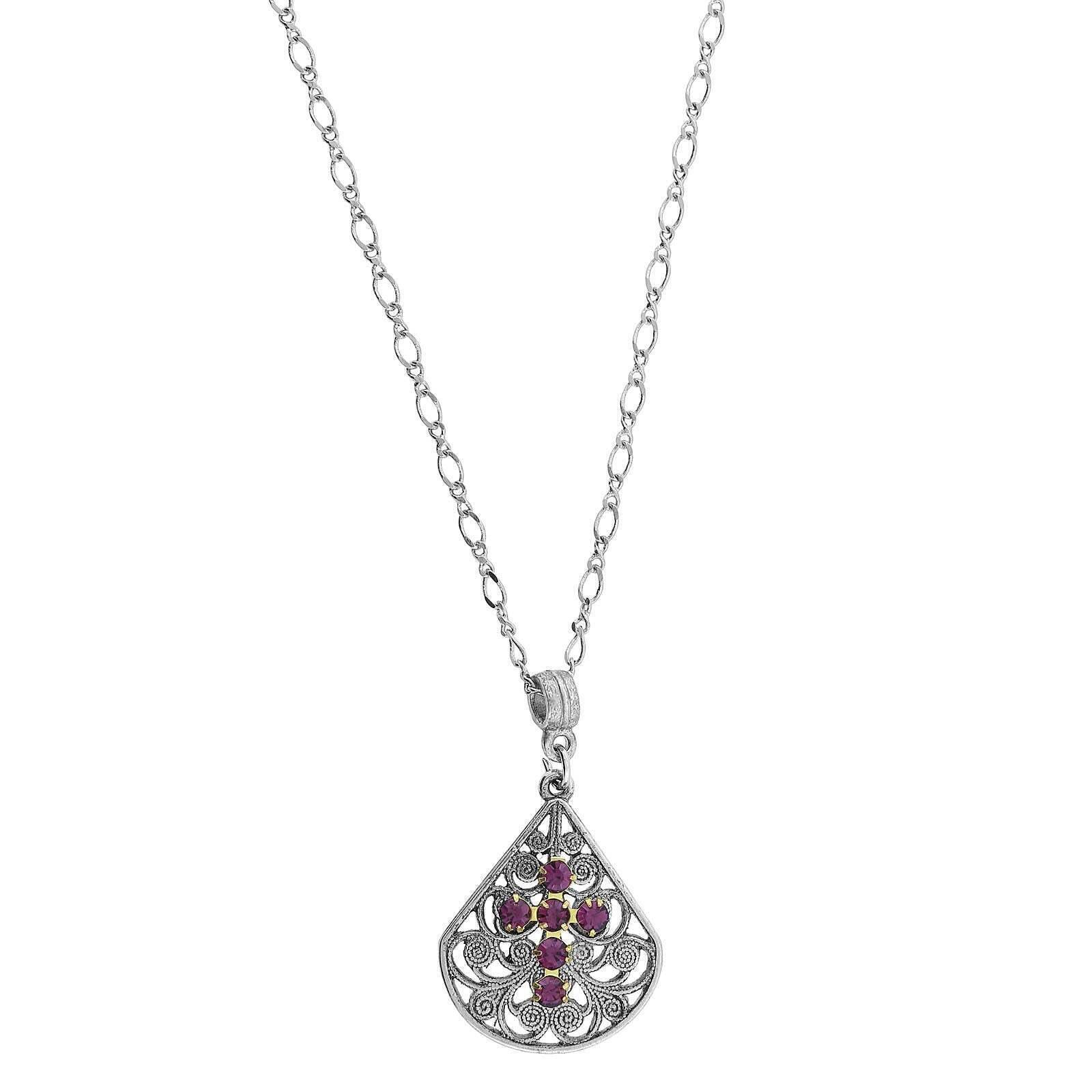 1928 Jewelry Crystal Cross Fan Filigree Teardrop Pendant Necklace 16" + 3" Extender