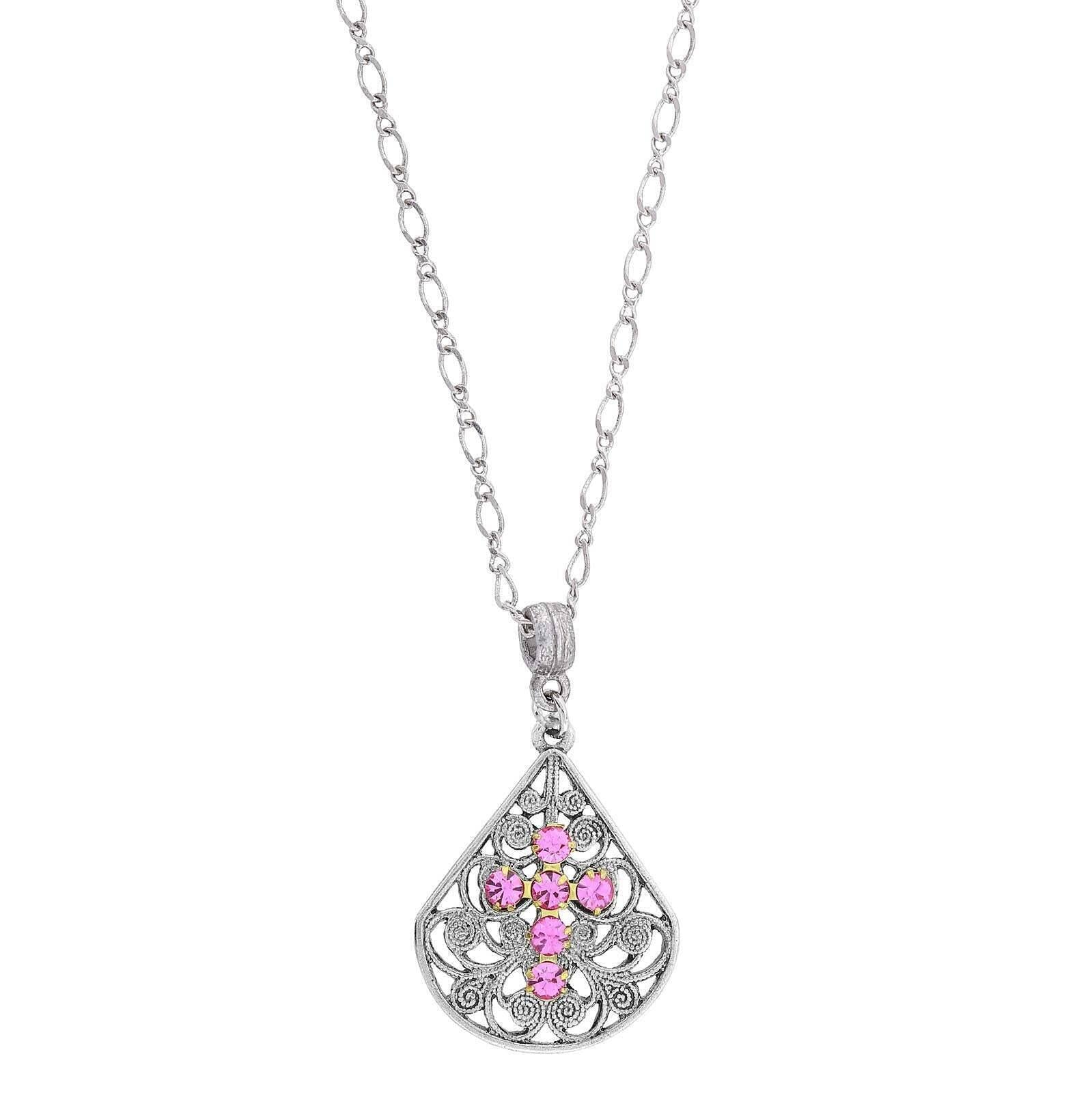 1928 Jewelry Crystal Cross Fan Filigree Teardrop Pendant Necklace 16" + 3" Extender