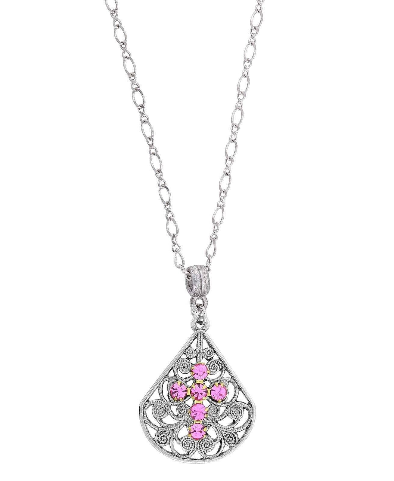 1928 Jewelry Crystal Cross Fan Filigree Teardrop Pendant Necklace 16" + 3" Extender