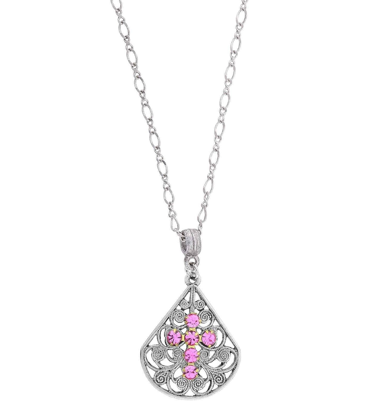 1928 Jewelry Crystal Cross Fan Filigree Teardrop Pendant Necklace 16" + 3" Extender