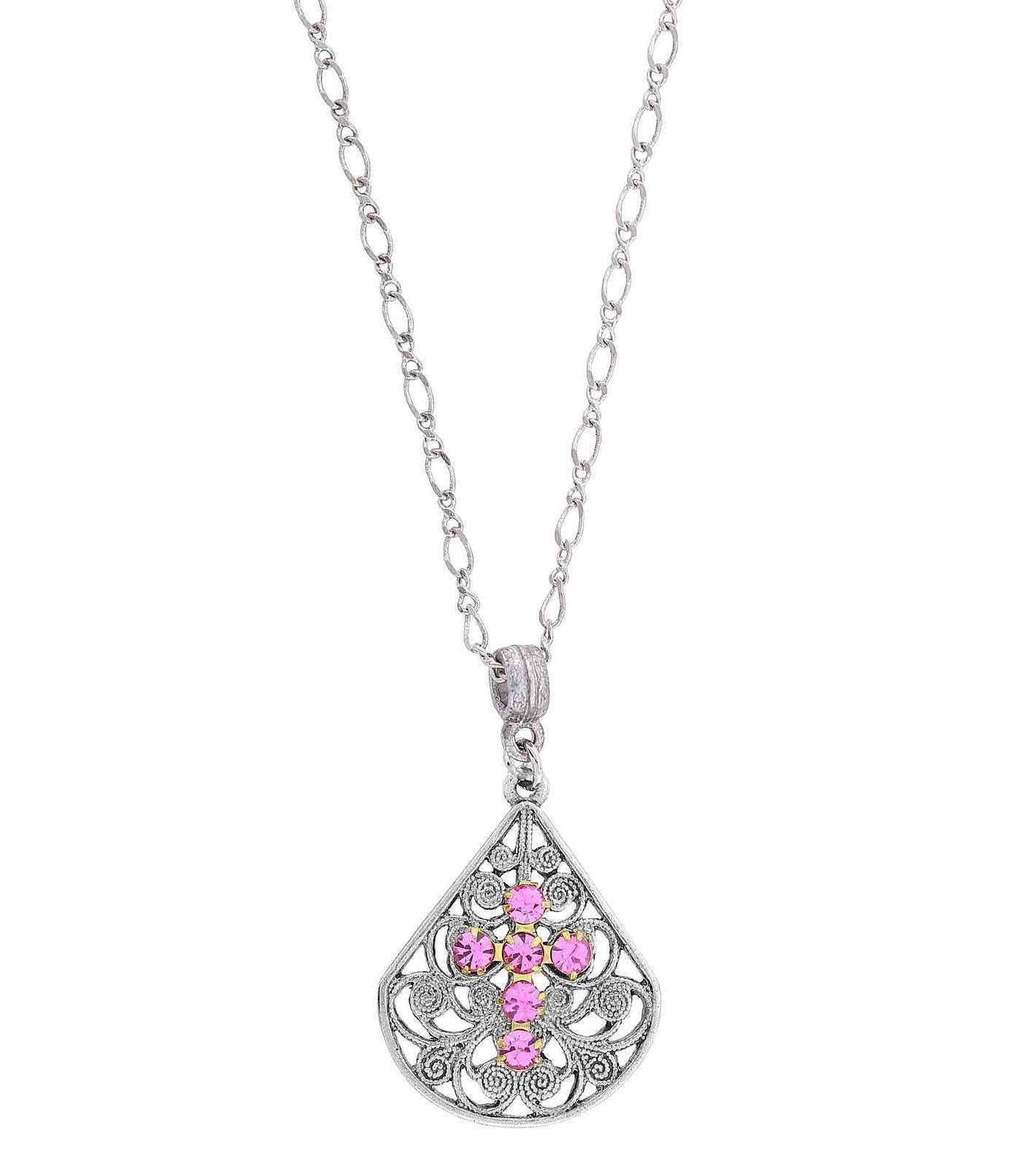 1928 Jewelry Crystal Cross Fan Filigree Teardrop Pendant Necklace 16" + 3" Extender