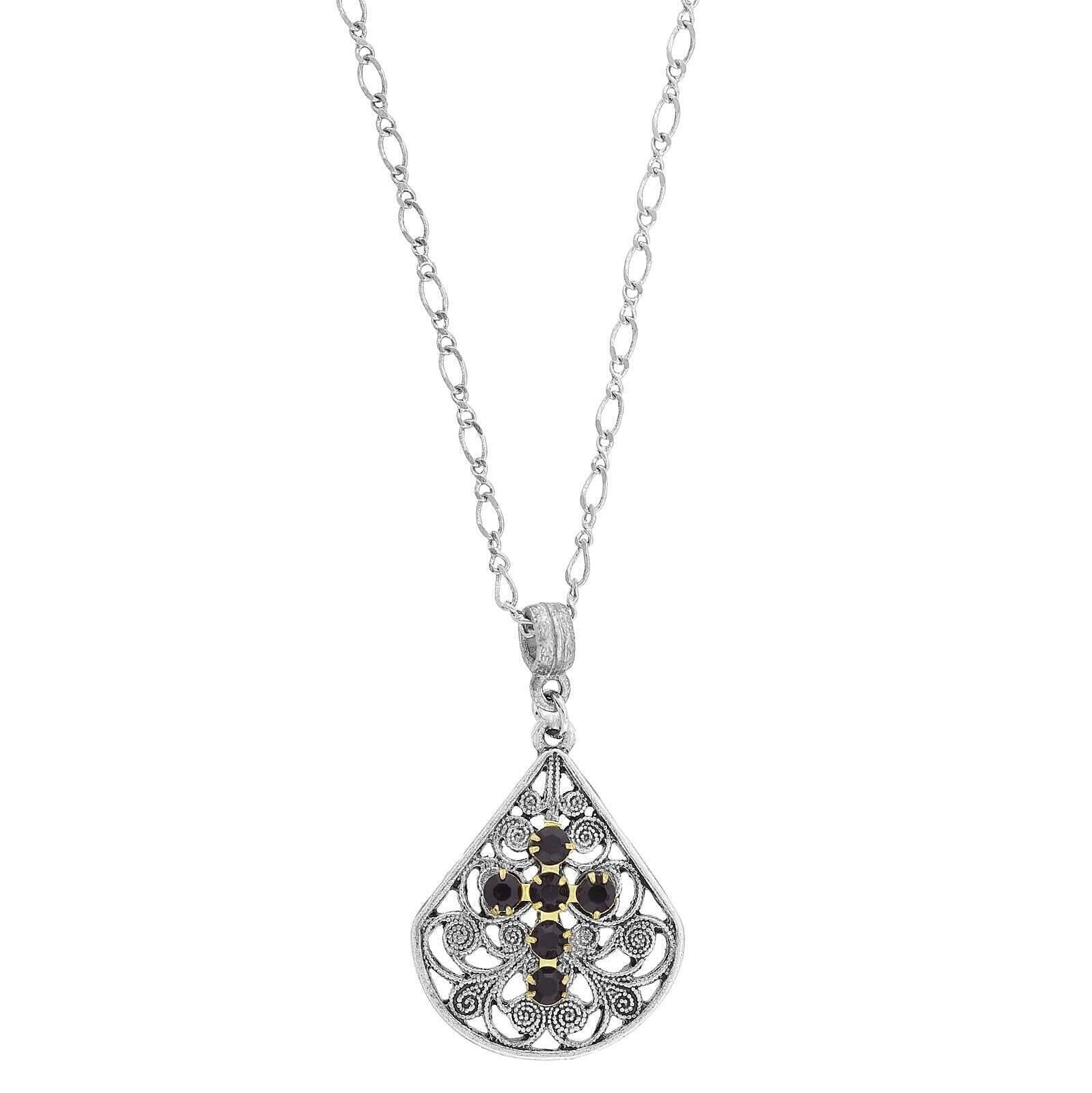 1928 Jewelry Crystal Cross Fan Filigree Teardrop Pendant Necklace 16" + 3" Extender