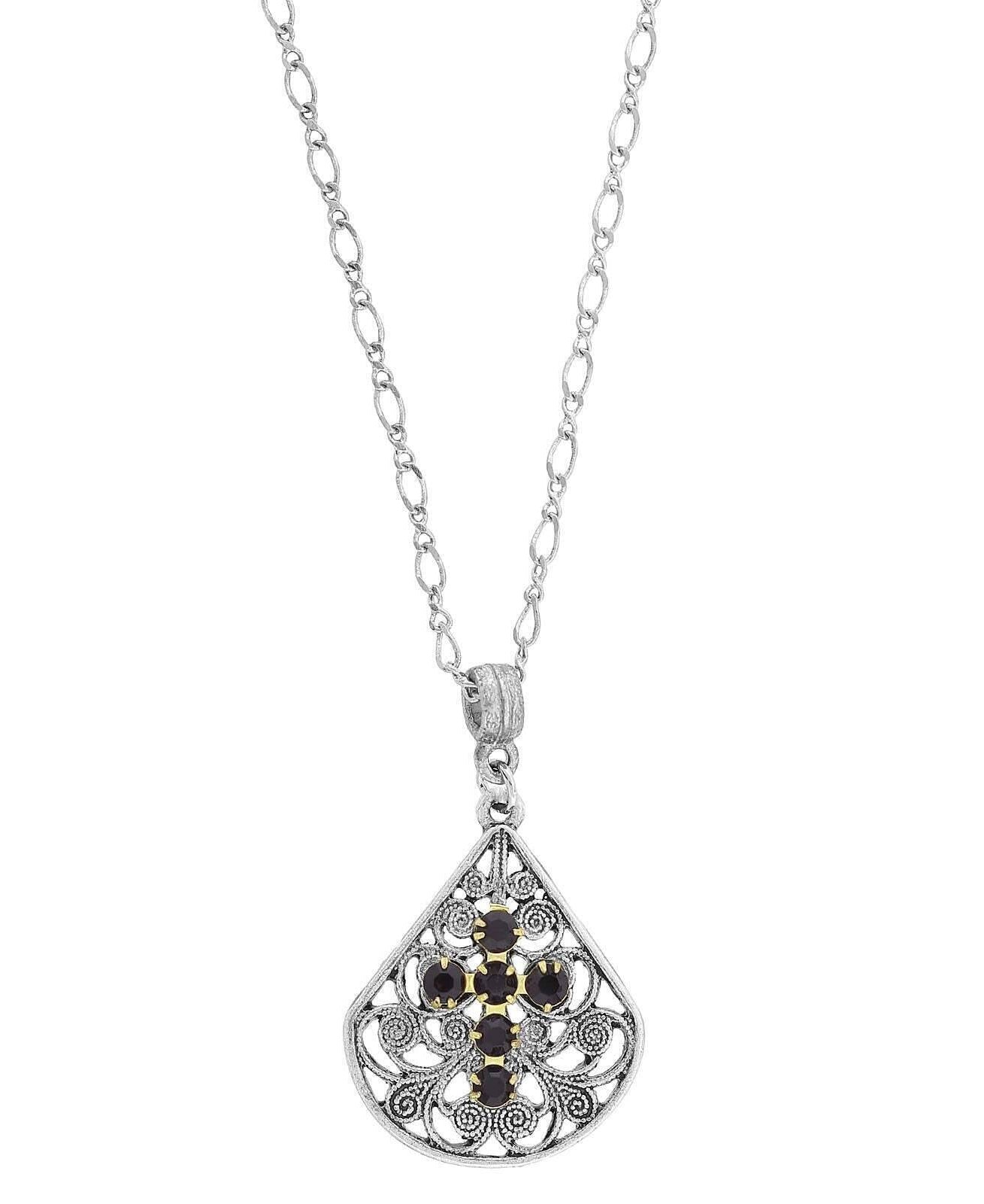 1928 Jewelry Crystal Cross Fan Filigree Teardrop Pendant Necklace 16" + 3" Extender