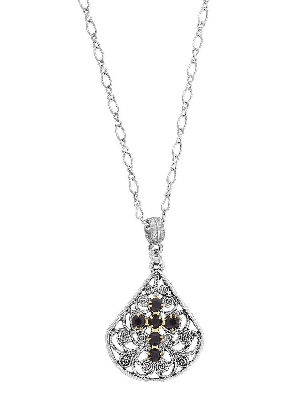 1928 Jewelry Crystal Cross Fan Filigree Teardrop Pendant Necklace 16" + 3" Extender