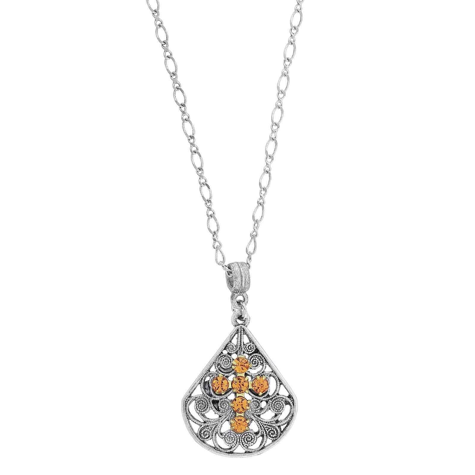 1928 Jewelry Crystal Cross Fan Filigree Teardrop Pendant Necklace 16" + 3" Extender
