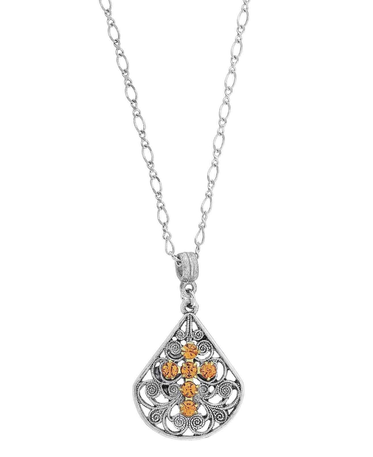 1928 Jewelry Crystal Cross Fan Filigree Teardrop Pendant Necklace 16" + 3" Extender