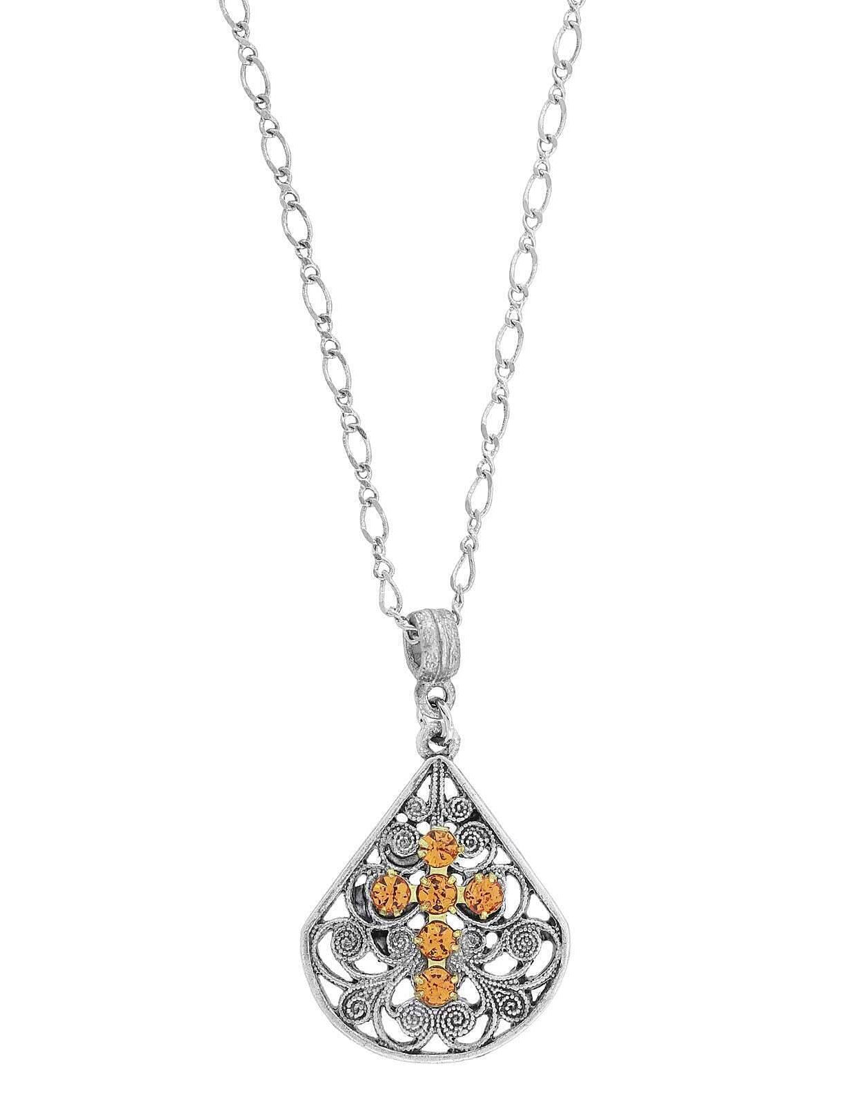 1928 Jewelry Crystal Cross Fan Filigree Teardrop Pendant Necklace 16" + 3" Extender