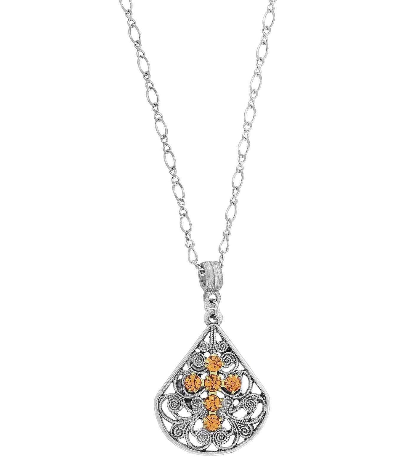 1928 Jewelry Crystal Cross Fan Filigree Teardrop Pendant Necklace 16" + 3" Extender