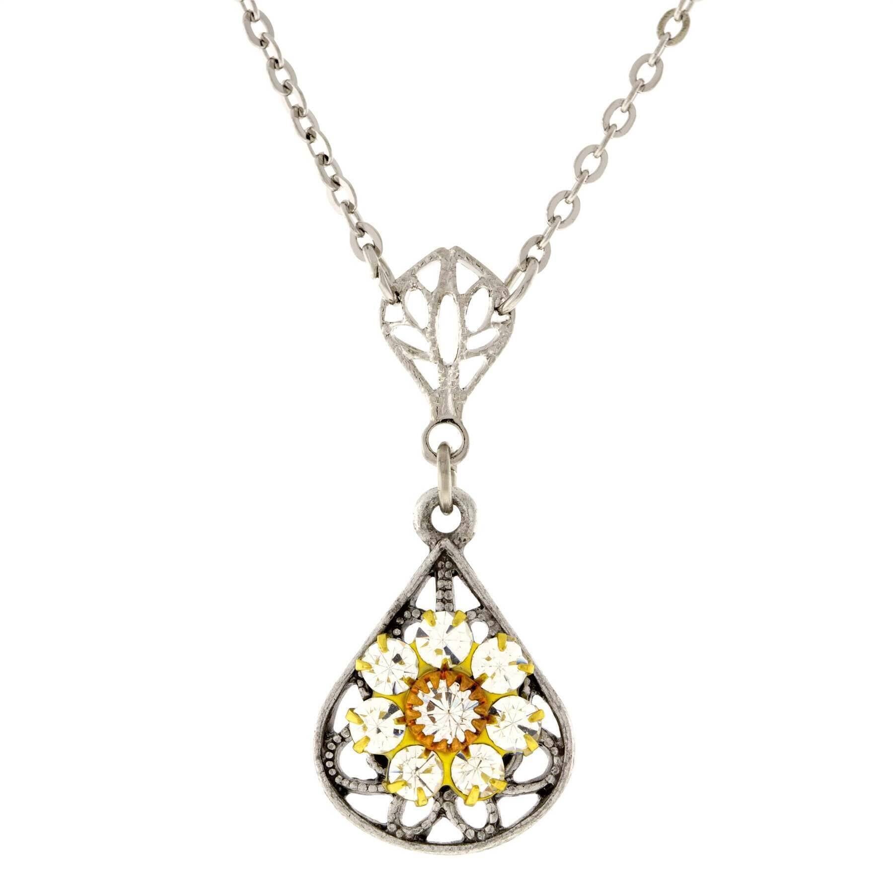1928 Jewelry Flower Crystal Cluster Teardrop Pendant Necklace 16" + 3" Extender