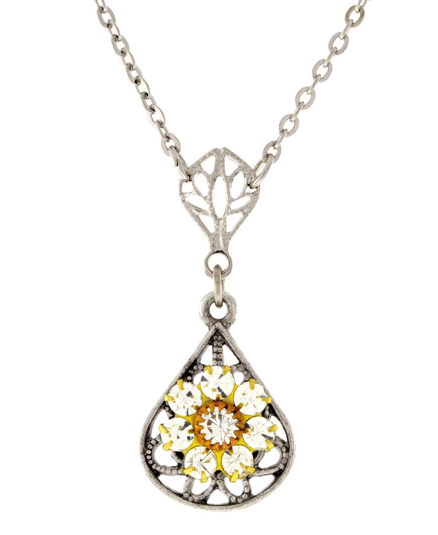 1928 Jewelry Flower Crystal Cluster Teardrop Pendant Necklace 16" + 3" Extender