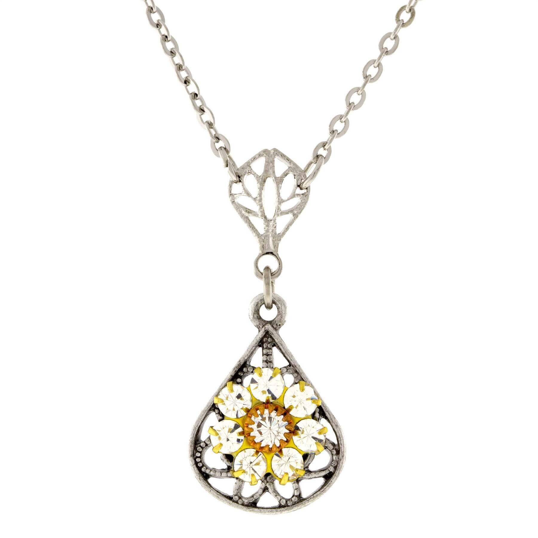 1928 Jewelry Flower Crystal Cluster Teardrop Pendant Necklace 16" + 3" Extender