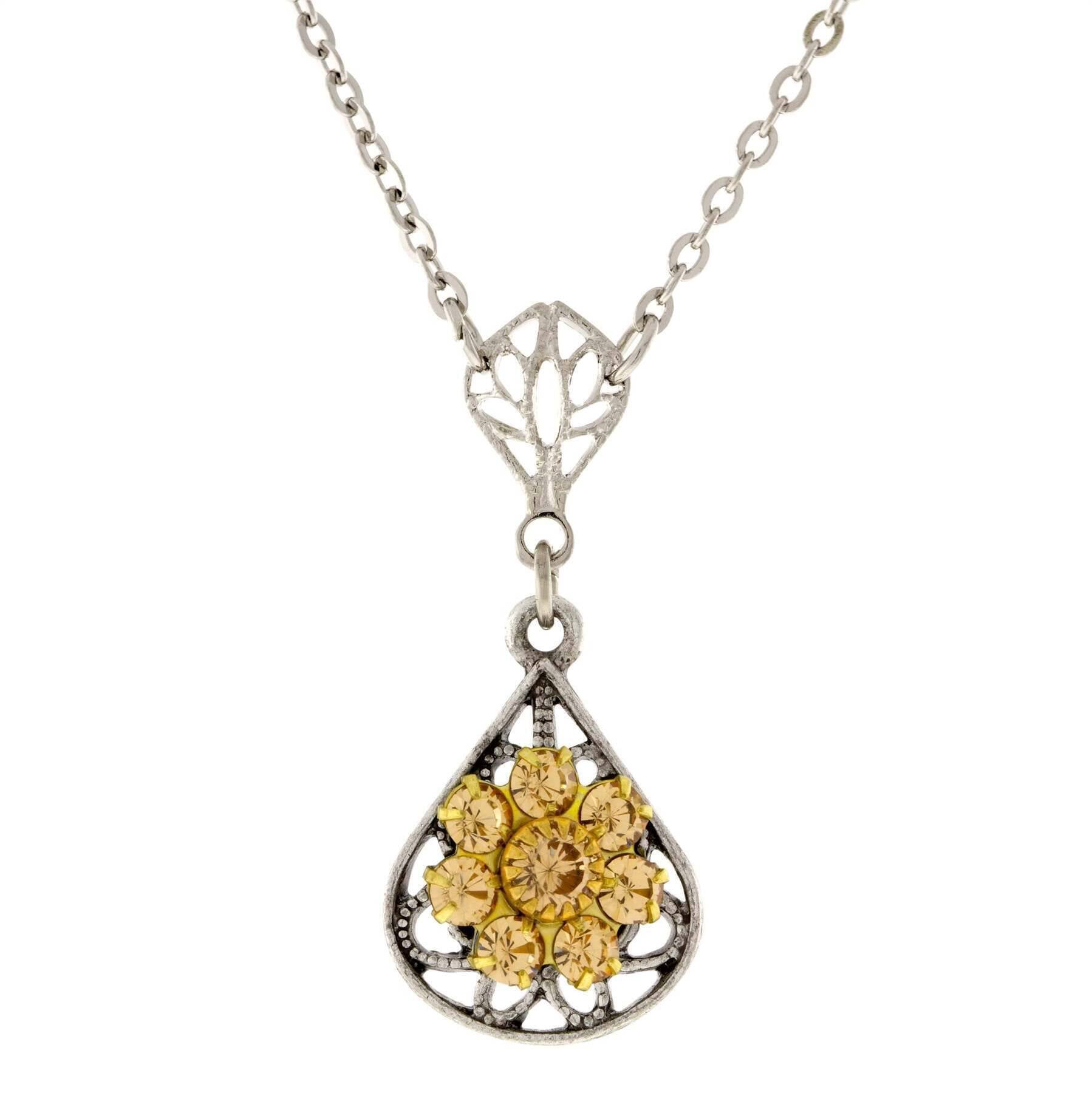 1928 Jewelry Flower Crystal Cluster Teardrop Pendant Necklace 16" + 3" Extender