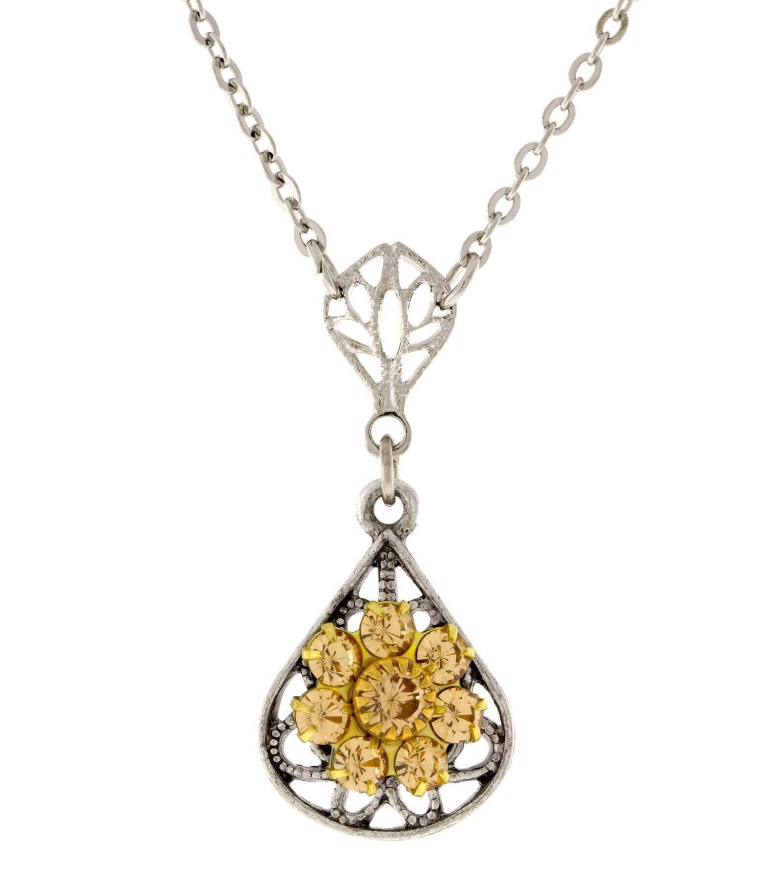 1928 Jewelry Flower Crystal Cluster Teardrop Pendant Necklace 16" + 3" Extender