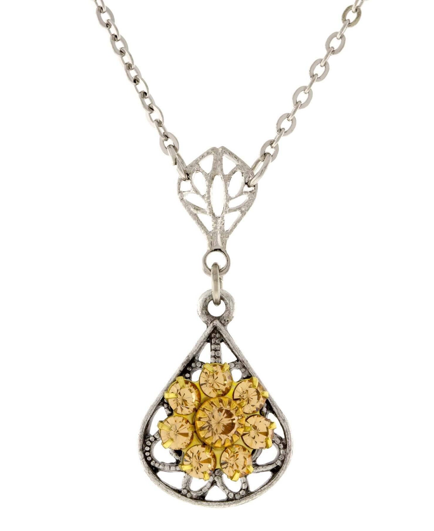 1928 Jewelry Flower Crystal Cluster Teardrop Pendant Necklace 16" + 3" Extender